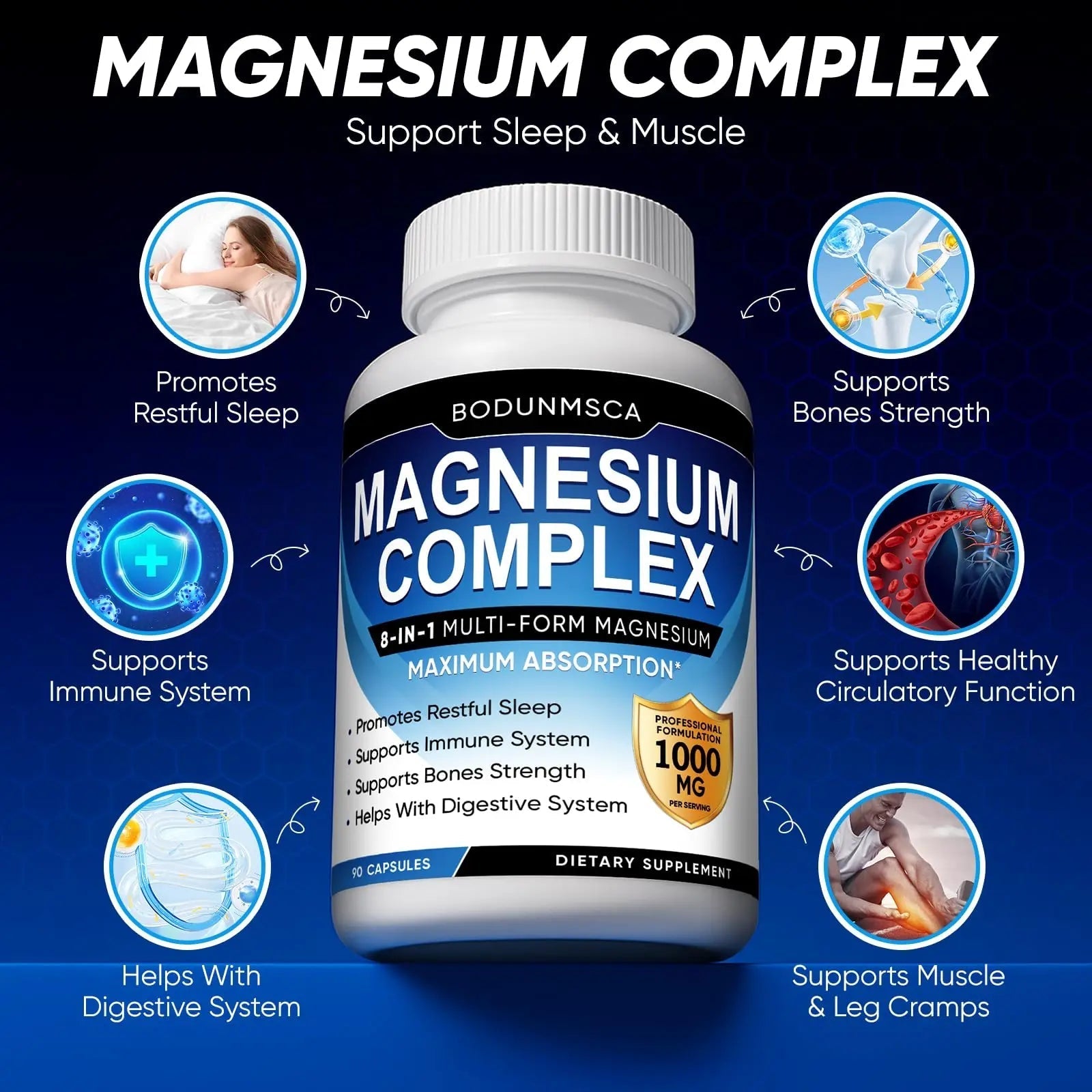 Magnesium Complex, 8 in 1, 1000mg-Glycinate, Citrate, Malate for Easy Absorption, Full Spectrum Magnesium Complex,Supports Relaxation, Sleep & Muscle Function, Magnesio Complex for Women, 180 Capsules - TrustMedUSA