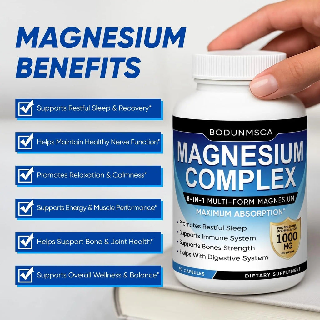 Magnesium Complex, 8 in 1, 1000mg-Glycinate, Citrate, Malate for Easy Absorption, Full Spectrum Magnesium Complex,Supports Relaxation, Sleep & Muscle Function, Magnesio Complex for Women, 180 Capsules - TrustMedUSA