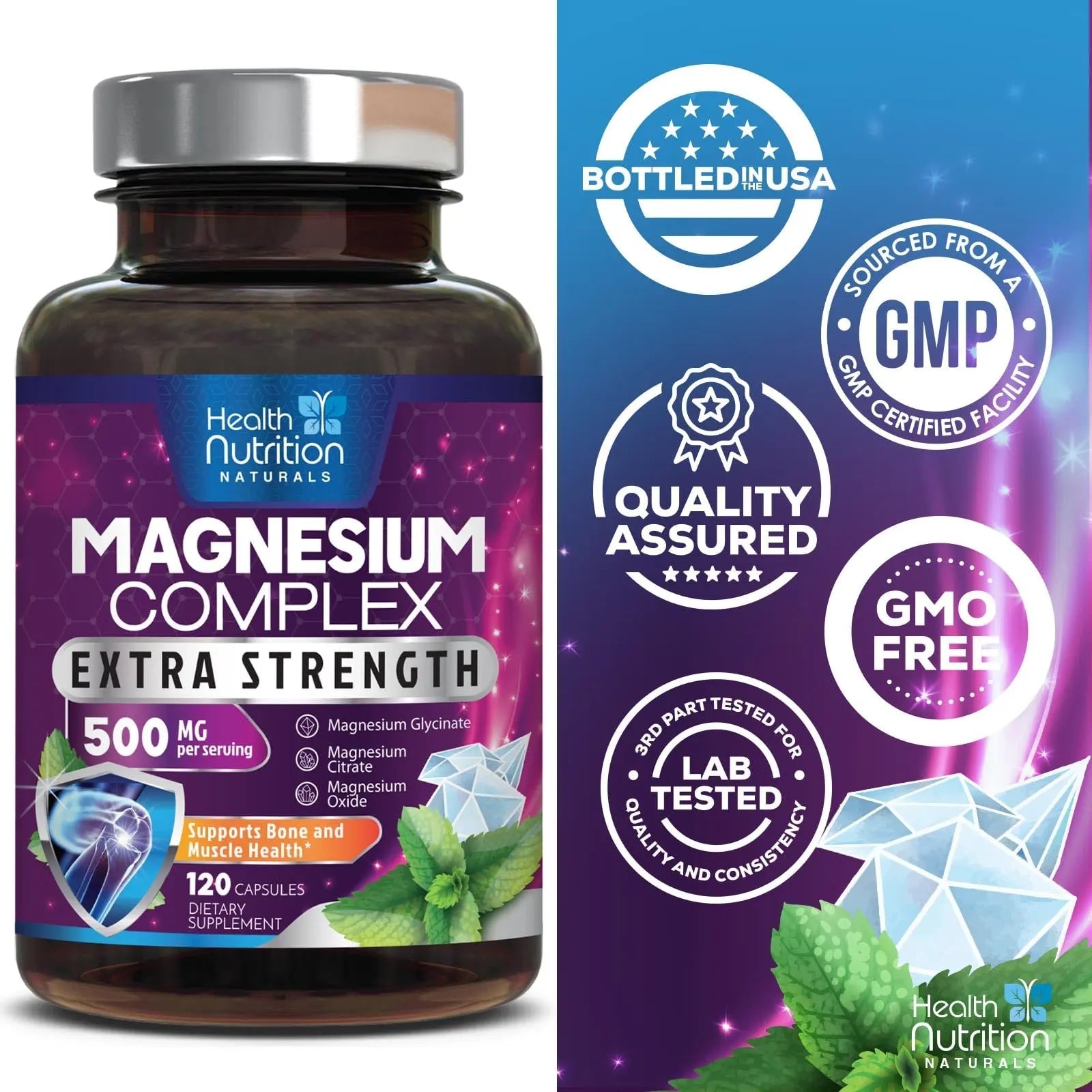 Magnesium Complex Capsules - 500mg per Serving Magnesium - High Absorption Chelated Mineral Supplement - with Oxide, Glycinate, Malate, Citrate for Muscle Bone and Heart Health Support - 120 Capsules - TrustMedUSA