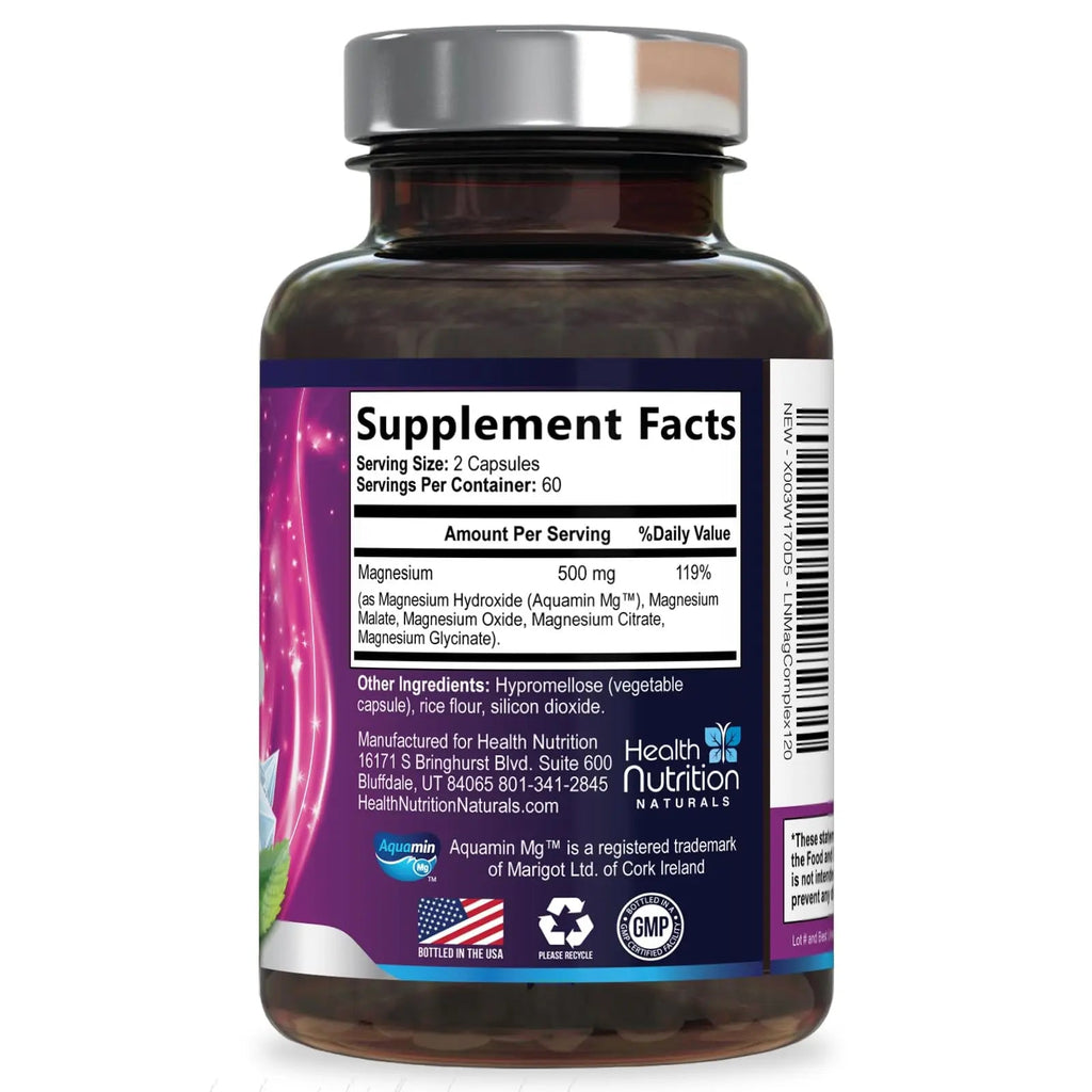 Magnesium Complex Capsules - 500mg per Serving Magnesium - High Absorption Chelated Mineral Supplement - with Oxide, Glycinate, Malate, Citrate for Muscle Bone and Heart Health Support - 120 Capsules - TrustMedUSA