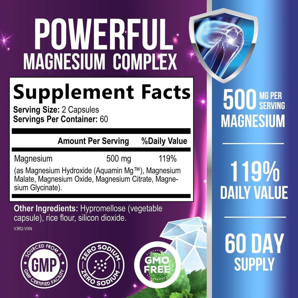 Magnesium Complex Capsules - 500mg per Serving Magnesium - High Absorption Chelated Mineral Supplement - with Oxide, Glycinate, Malate, Citrate for Muscle Bone and Heart Health Support - 120 Capsules - TrustMedUSA