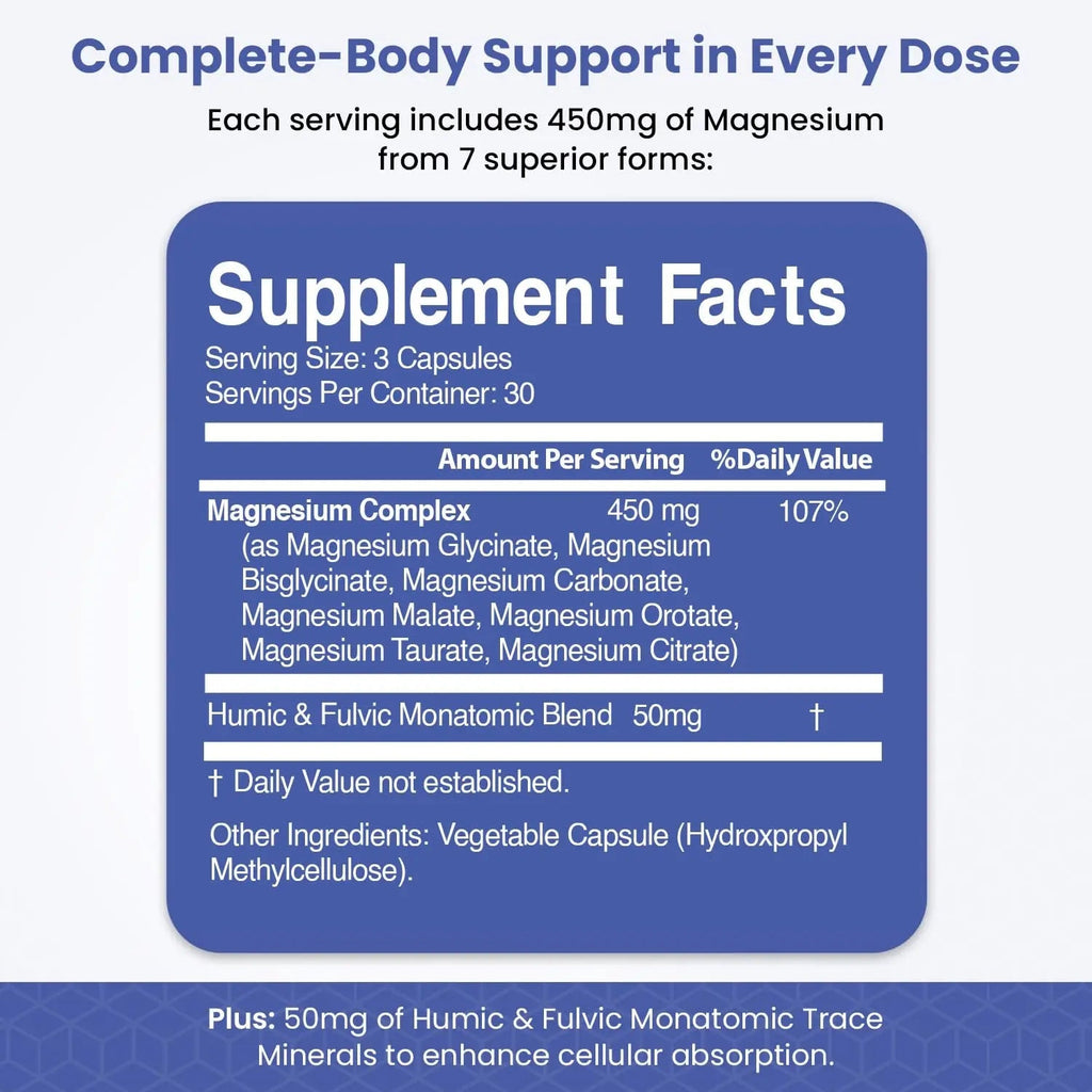 Magnesium Complex for Sleep, Relaxation, Digestion & Calm – Magnesium Glycinate, Citrate, Bisglycinate, Carbonate, Malate, Orotate, Taurate, + Humic/Fulvic for High Absorption - 90 ct. - TrustMedUSA