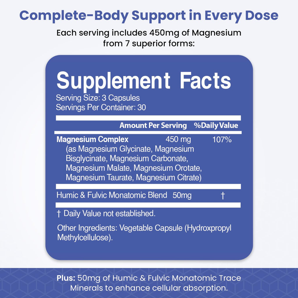 Magnesium Complex for Sleep, Relaxation, Digestion & Calm – Magnesium Glycinate, Citrate, Bisglycinate, Carbonate, Malate, Orotate, Taurate, + Humic/Fulvic for High Absorption - 90 ct. - TrustMedUSA