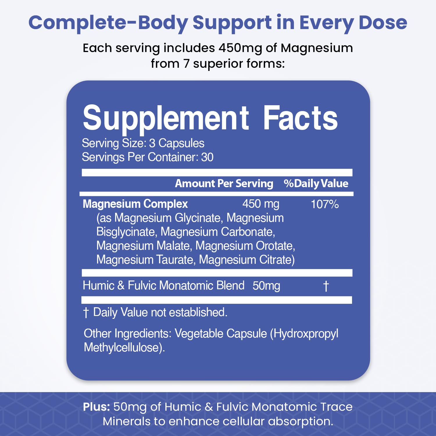 Magnesium Complex for Sleep, Relaxation, Digestion & Calm – Magnesium Glycinate, Citrate, Bisglycinate, Carbonate, Malate, Orotate, Taurate, + Humic/Fulvic for High Absorption - 90 ct. - TrustMedUSA