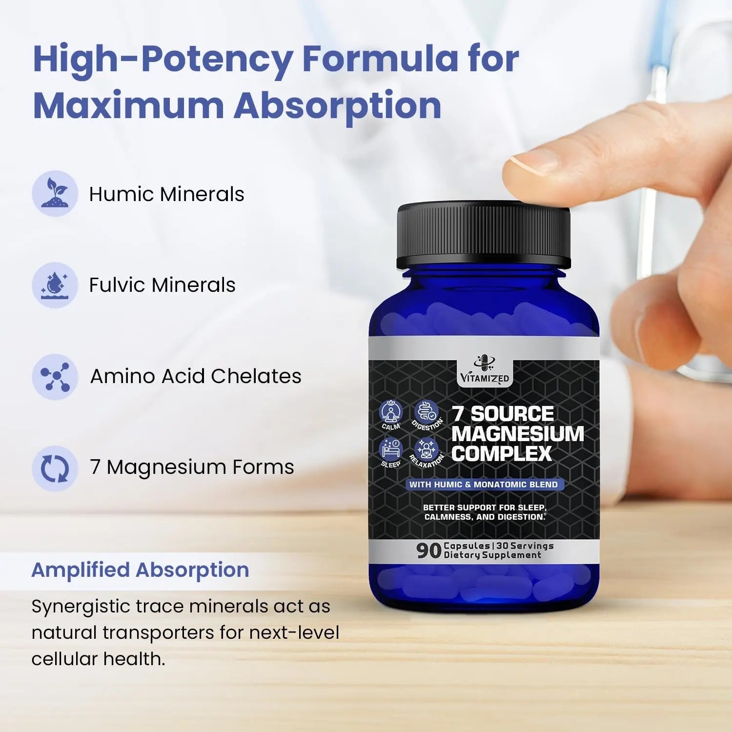 Magnesium Complex for Sleep, Relaxation, Digestion & Calm – Magnesium Glycinate, Citrate, Bisglycinate, Carbonate, Malate, Orotate, Taurate, + Humic/Fulvic for High Absorption - 90 ct. - TrustMedUSA