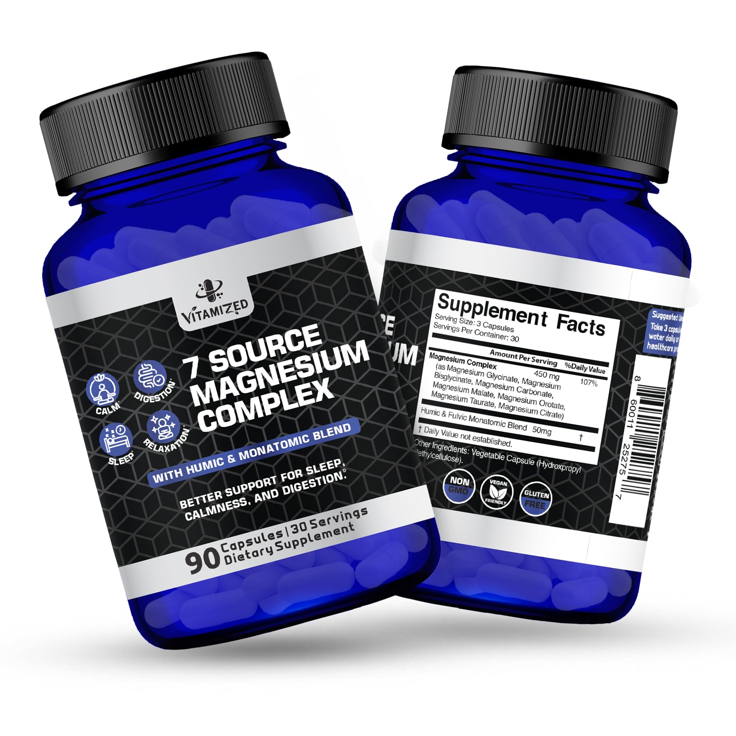 Magnesium Complex for Sleep, Relaxation, Digestion & Calm – Magnesium Glycinate, Citrate, Bisglycinate, Carbonate, Malate, Orotate, Taurate, + Humic/Fulvic for High Absorption - 90 ct. - TrustMedUSA
