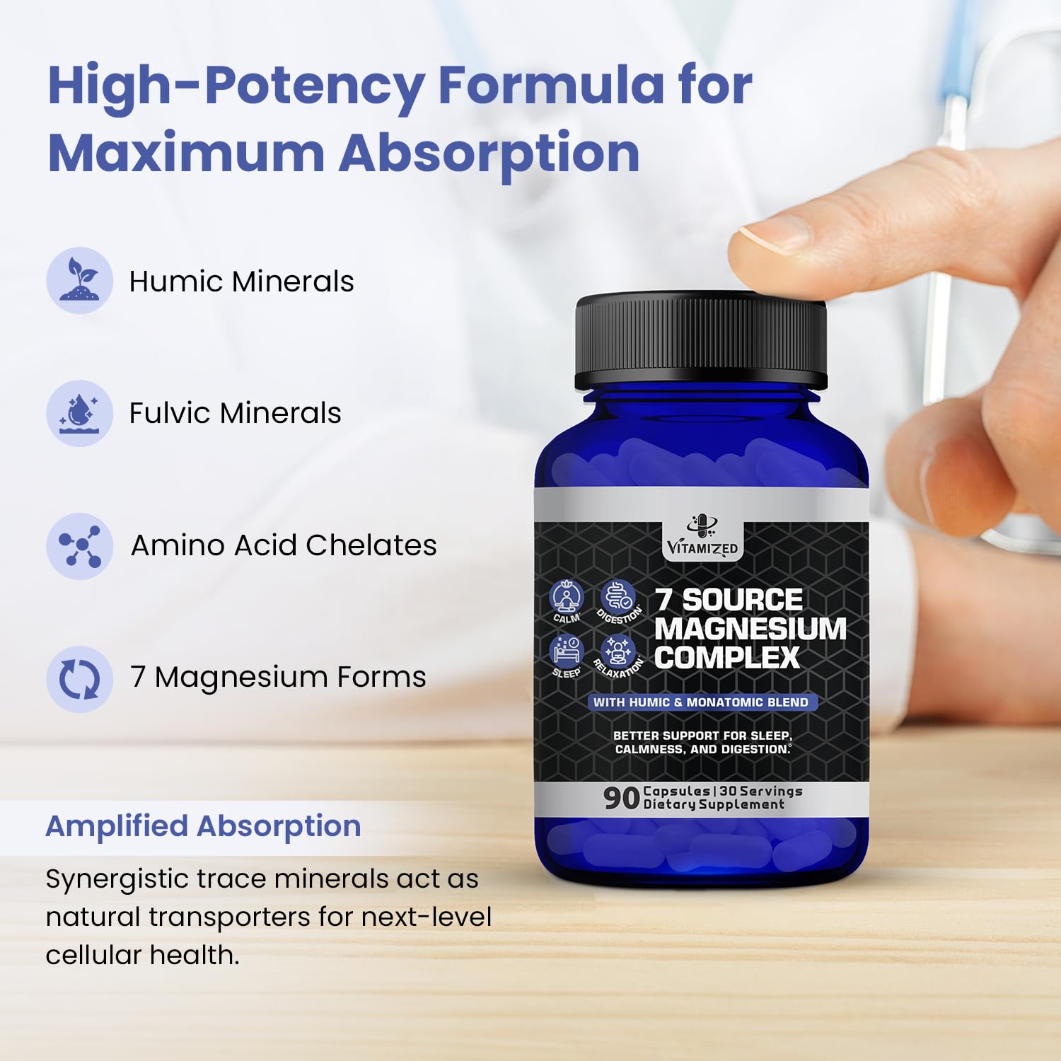 Magnesium Complex for Sleep, Relaxation, Digestion & Calm – Magnesium Glycinate, Citrate, Bisglycinate, Carbonate, Malate, Orotate, Taurate, + Humic/Fulvic for High Absorption - 90 ct. - TrustMedUSA