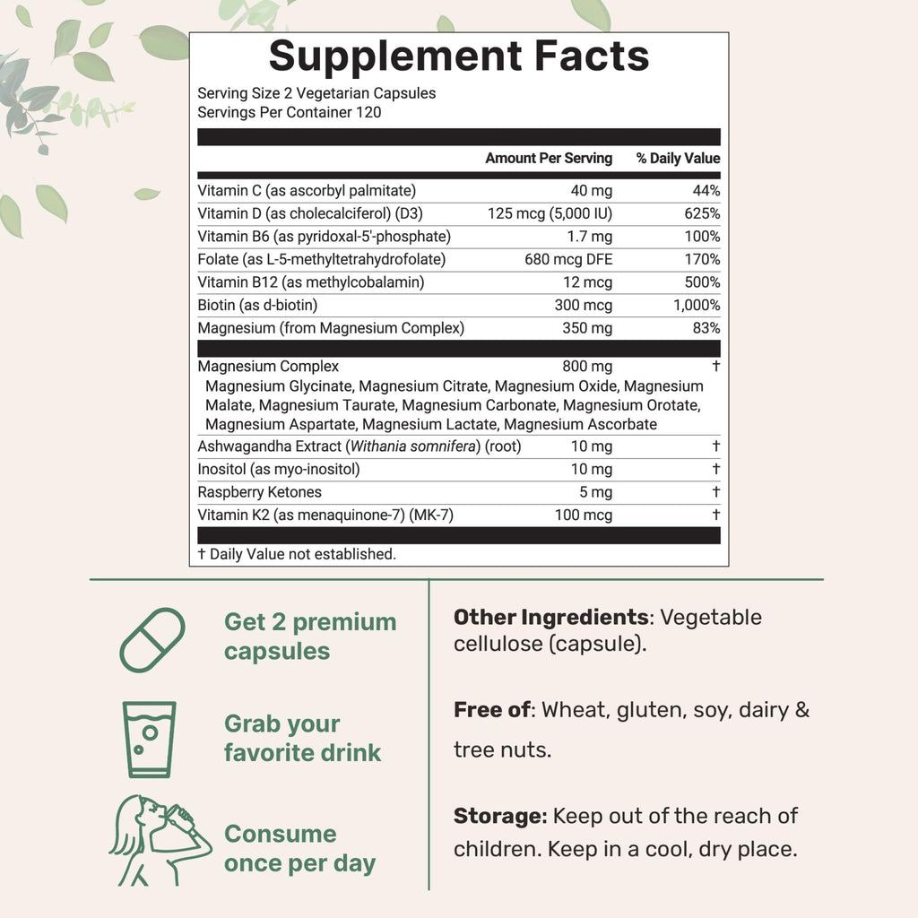 Magnesium Complex for Women, 240 Vegetarian Capsules | 20-in-1 Formula - Magnesium Blend with Vitamin D3, K2 - TrustMedUSA