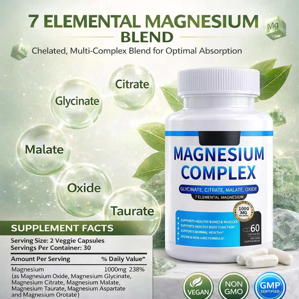 Magnesium Complex for Women & Men 1000mg — 7-in-1 Magnesium (Glycinate, Citrate & Malate) for Sleep Support, Stress Relief, Muscle Recovery — Vegan, 60 Capsules - TrustMedUSA