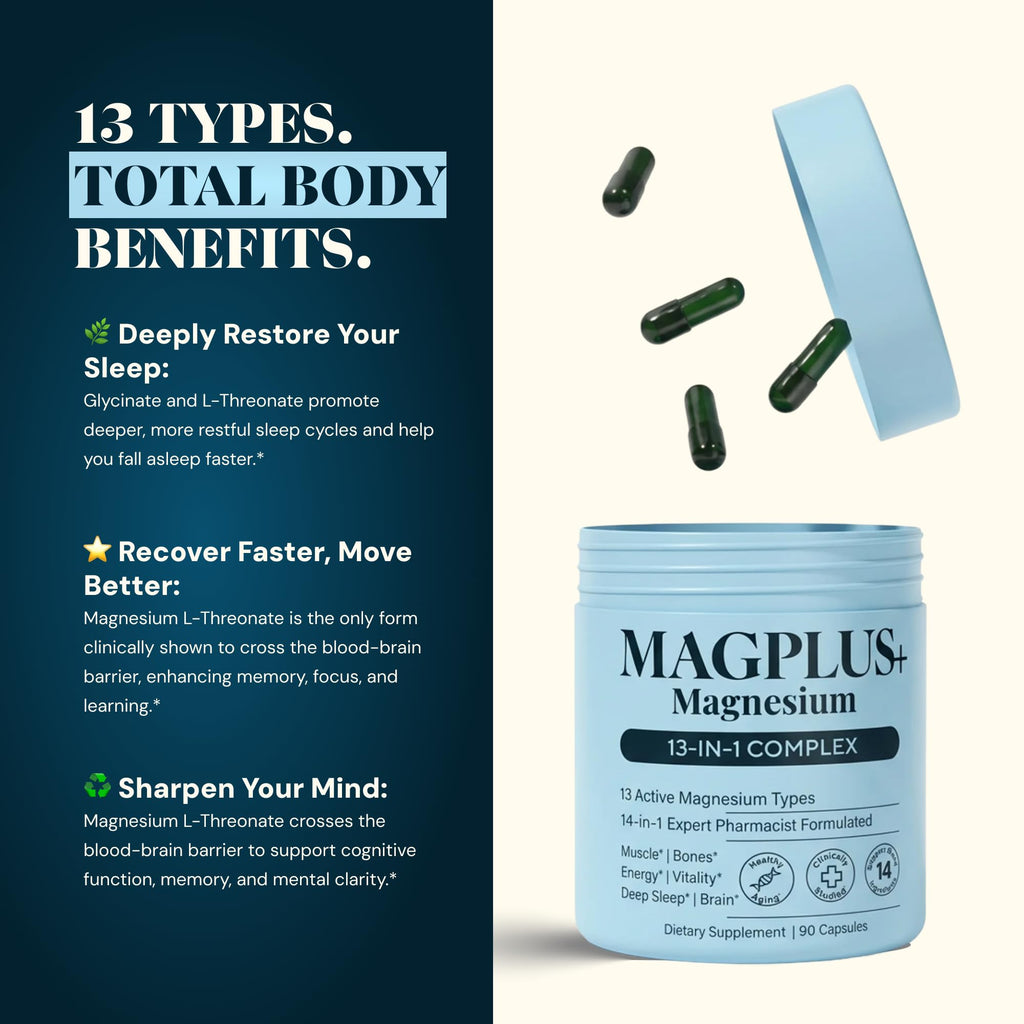 Magnesium Complex for Women & Men, 1000mg – MAGPLUS+ 13-in-1 Advanced Liposomal Ultra Formula – Glycinate, L-Threonate & Triple Magnesium Blend – Brain, Memory & Deep Sleep – 90 Capsules - TrustMedUSA