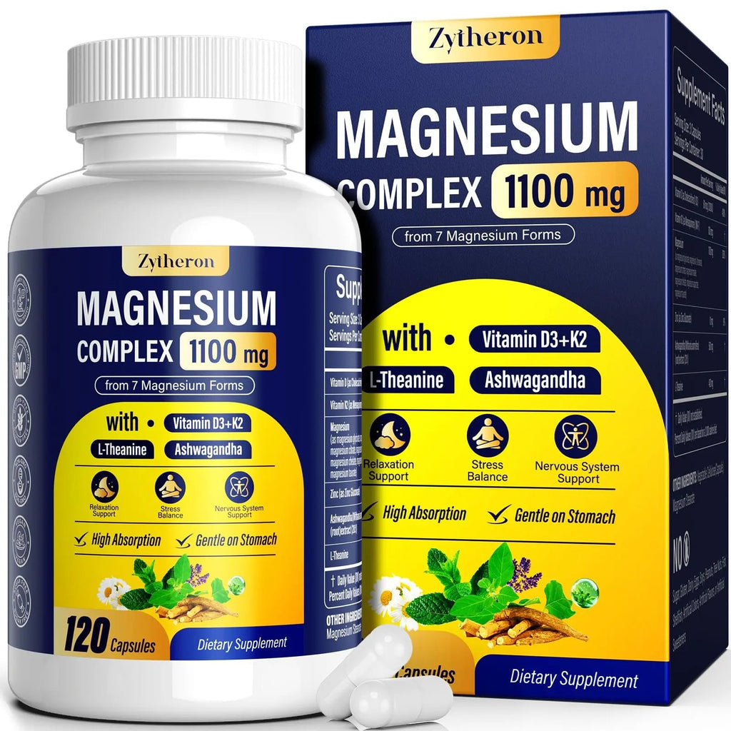 Magnesium Complex for Women & Men 1100mg, 7-in-1 Magnesium Supplement with Ashwagandha & L-Theanine for Calm & Sleep Support, High Absorption, Vegan 120 Capsules - TrustMedUSA