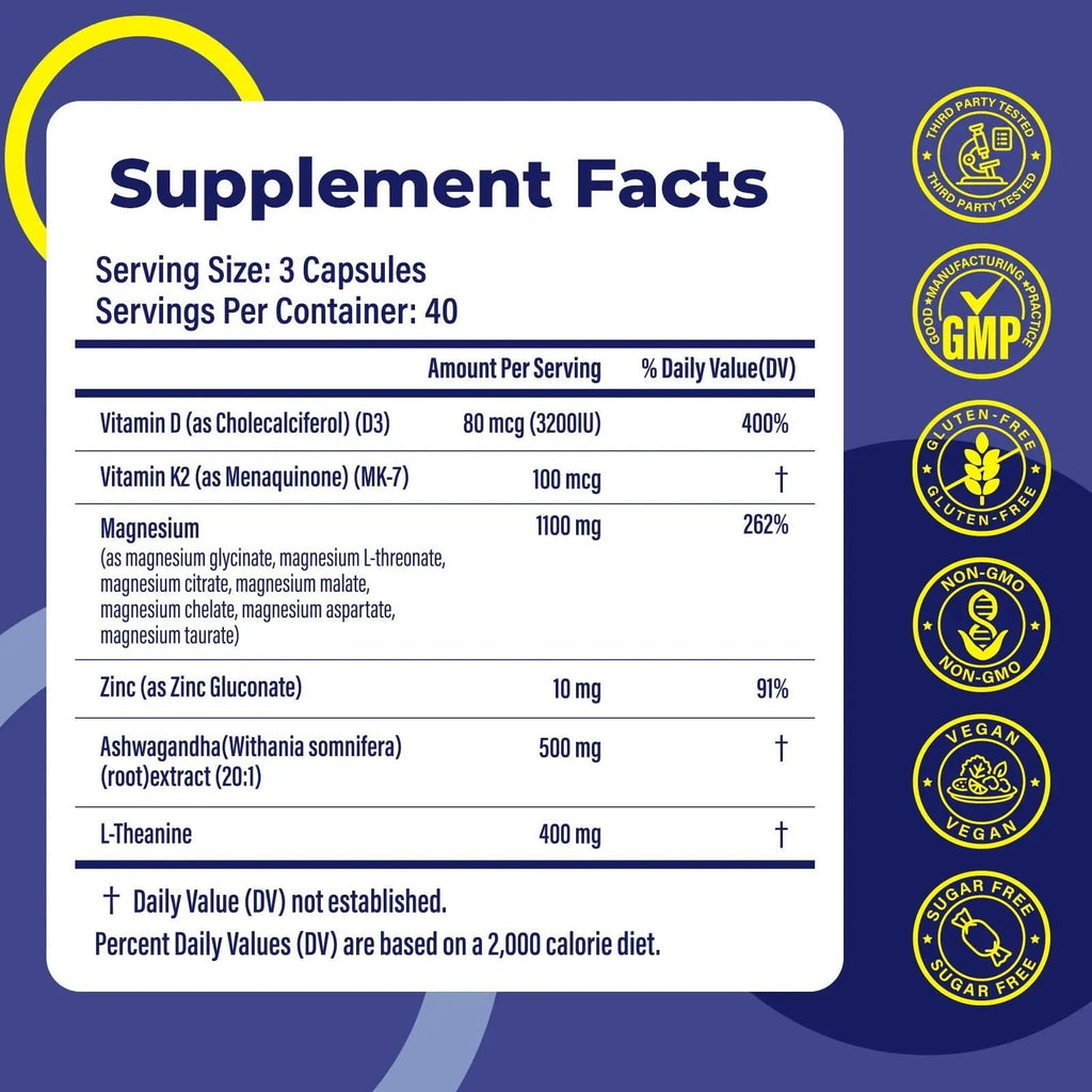 Magnesium Complex for Women & Men 1100mg, 7-in-1 Magnesium Supplement with Ashwagandha & L-Theanine for Calm & Sleep Support, High Absorption, Vegan 120 Capsules - TrustMedUSA