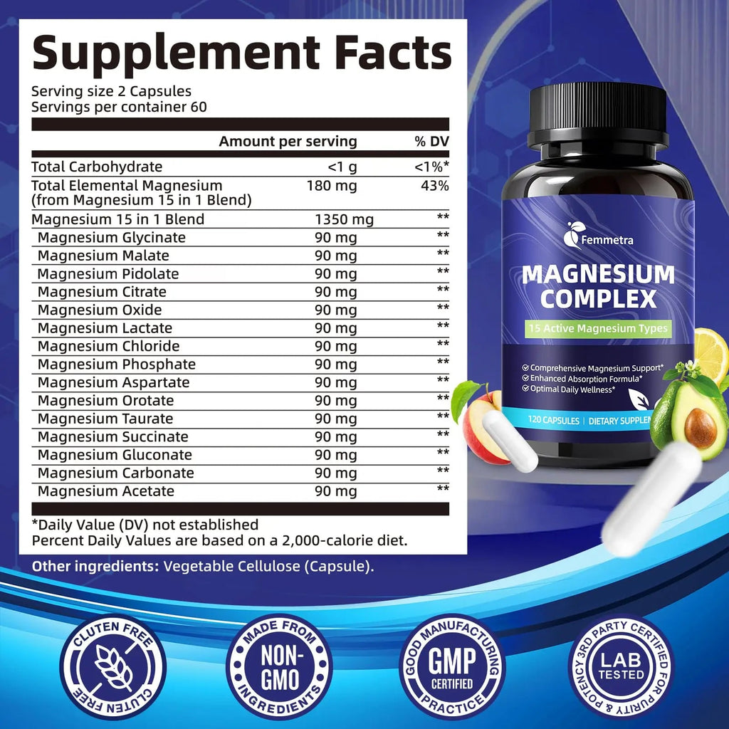Magnesium Complex for Women Men 1350mg 15 in 1 Pure Magnesium Supplement, with High Absorption Chelated Magnesium Glycinate Citrate Malate & More for Muscle, Heart, Sleep & Bone Support, Vegan 60 Days - TrustMedUSA