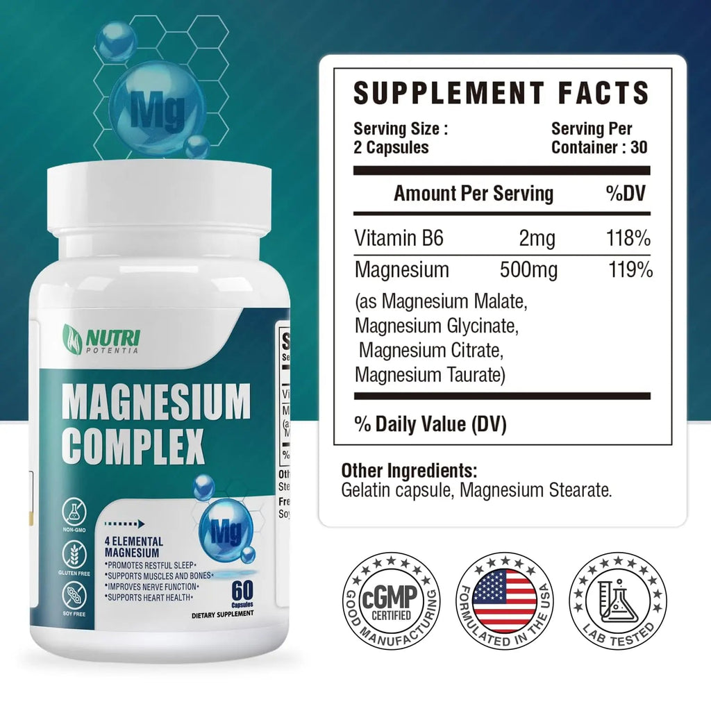 Magnesium Complex for Women&Men,With Glycinate Malate Citrate Taurate.Support for Sleep,Stress Relief,Cognitive Function,Magnesium Supplement 500mg,Third-Party Tested(Made & Tested in USA)-60 Capsules - TrustMedUSA