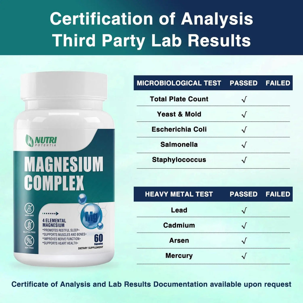 Magnesium Complex for Women&Men,With Glycinate Malate Citrate Taurate.Support for Sleep,Stress Relief,Cognitive Function,Magnesium Supplement 500mg,Third-Party Tested(Made & Tested in USA)-60 Capsules - TrustMedUSA