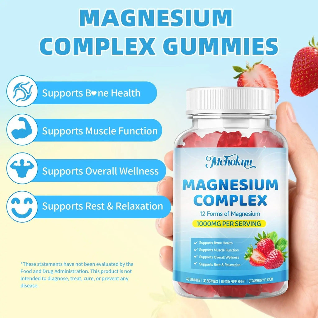 Magnesium Complex Gummies 1000mg | 12-in-1 Magnesium Complex Supplement with Glycinate, Citrate, Malate & Taurate Supports Muscle Function, Bone Health, Rest & Relaxation – Strawberry Flavor, 60 Count - TrustMedUSA