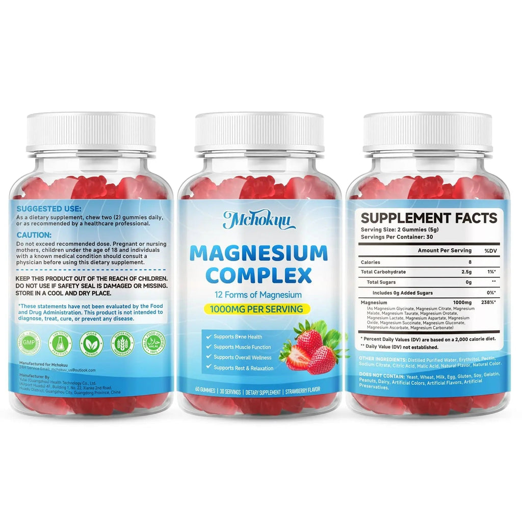 Magnesium Complex Gummies 1000mg | 12-in-1 Magnesium Complex Supplement with Glycinate, Citrate, Malate & Taurate Supports Muscle Function, Bone Health, Rest & Relaxation – Strawberry Flavor, 60 Count - TrustMedUSA