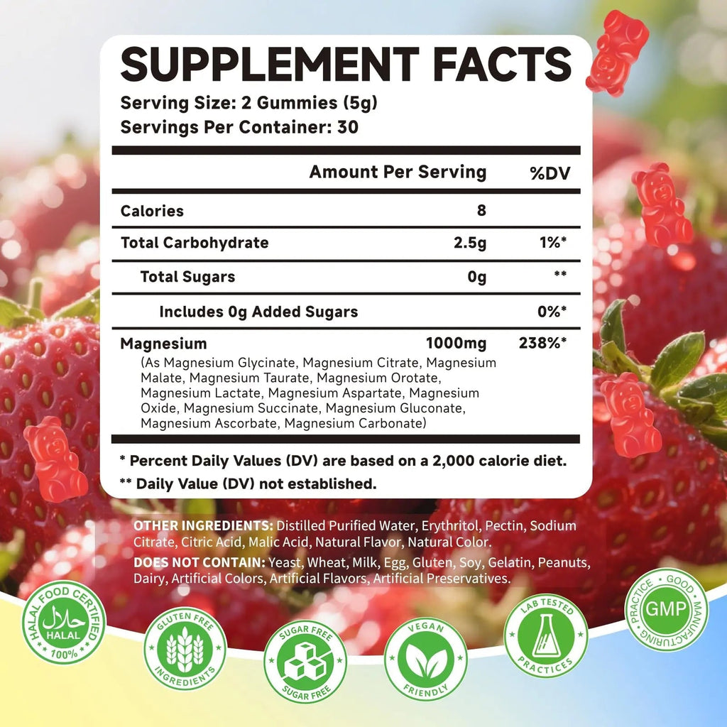 Magnesium Complex Gummies 1000mg | 12-in-1 Magnesium Complex Supplement with Glycinate, Citrate, Malate & Taurate Supports Muscle Function, Bone Health, Rest & Relaxation – Strawberry Flavor, 60 Count - TrustMedUSA