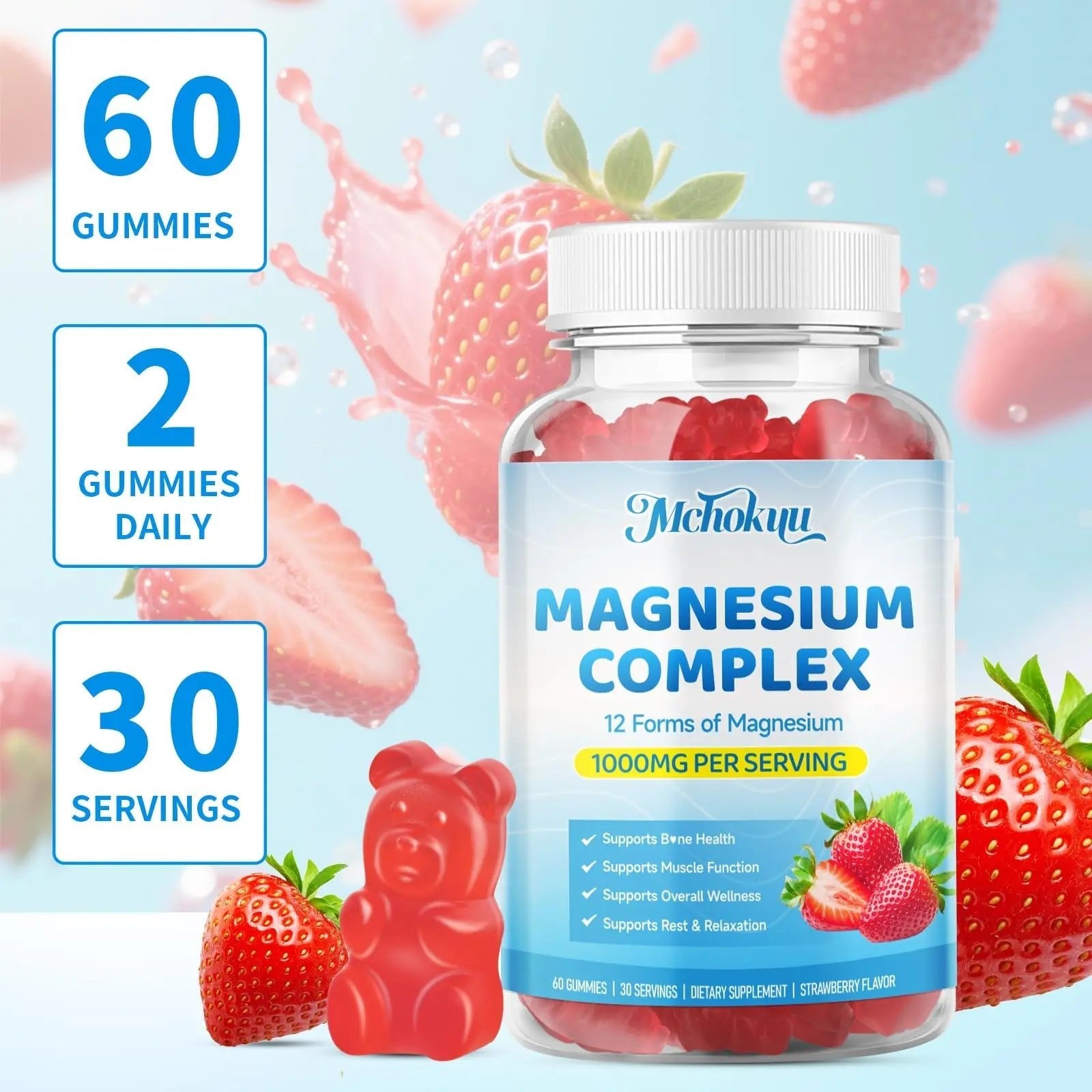 Magnesium Complex Gummies 1000mg | 12-in-1 Magnesium Complex Supplement with Glycinate, Citrate, Malate & Taurate Supports Muscle Function, Bone Health, Rest & Relaxation – Strawberry Flavor, 60 Count - TrustMedUSA