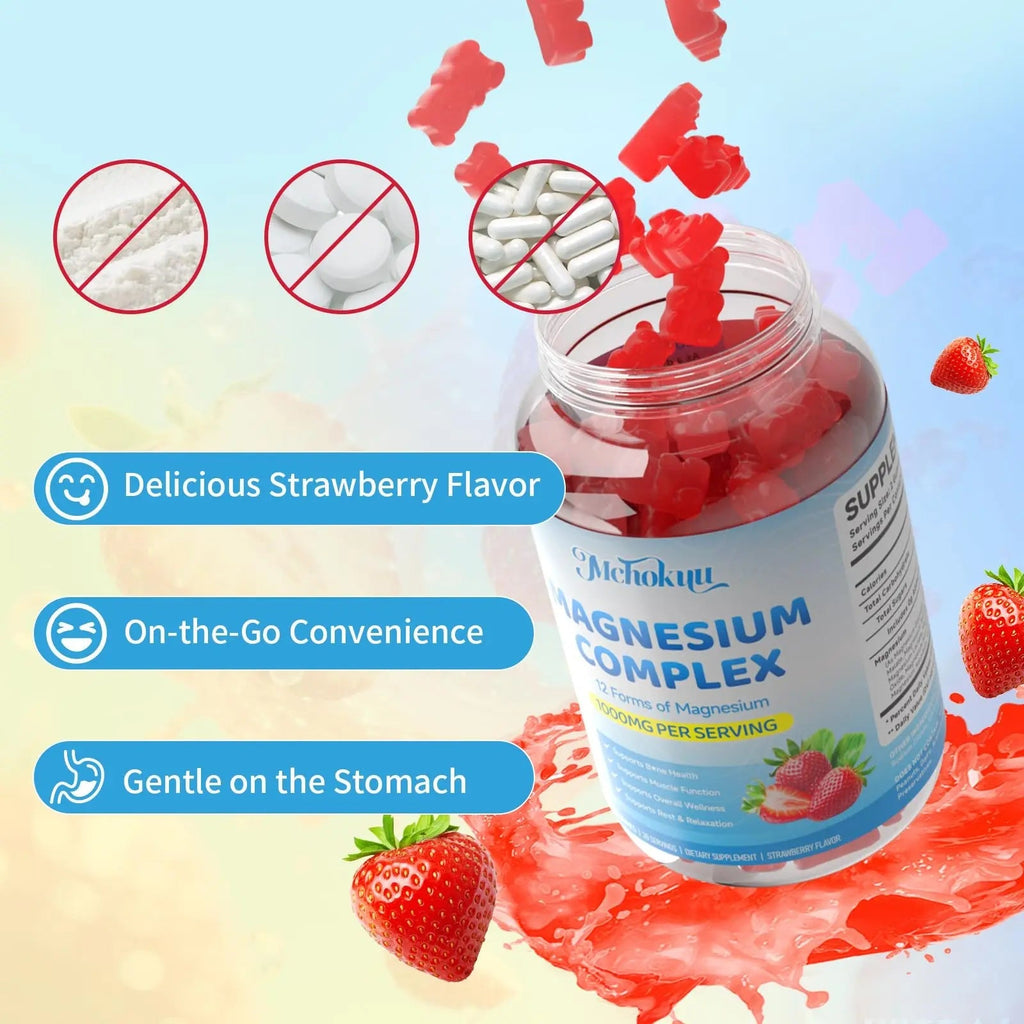 Magnesium Complex Gummies 1000mg | 12-in-1 Magnesium Complex Supplement with Glycinate, Citrate, Malate & Taurate Supports Muscle Function, Bone Health, Rest & Relaxation – Strawberry Flavor, 60 Count - TrustMedUSA