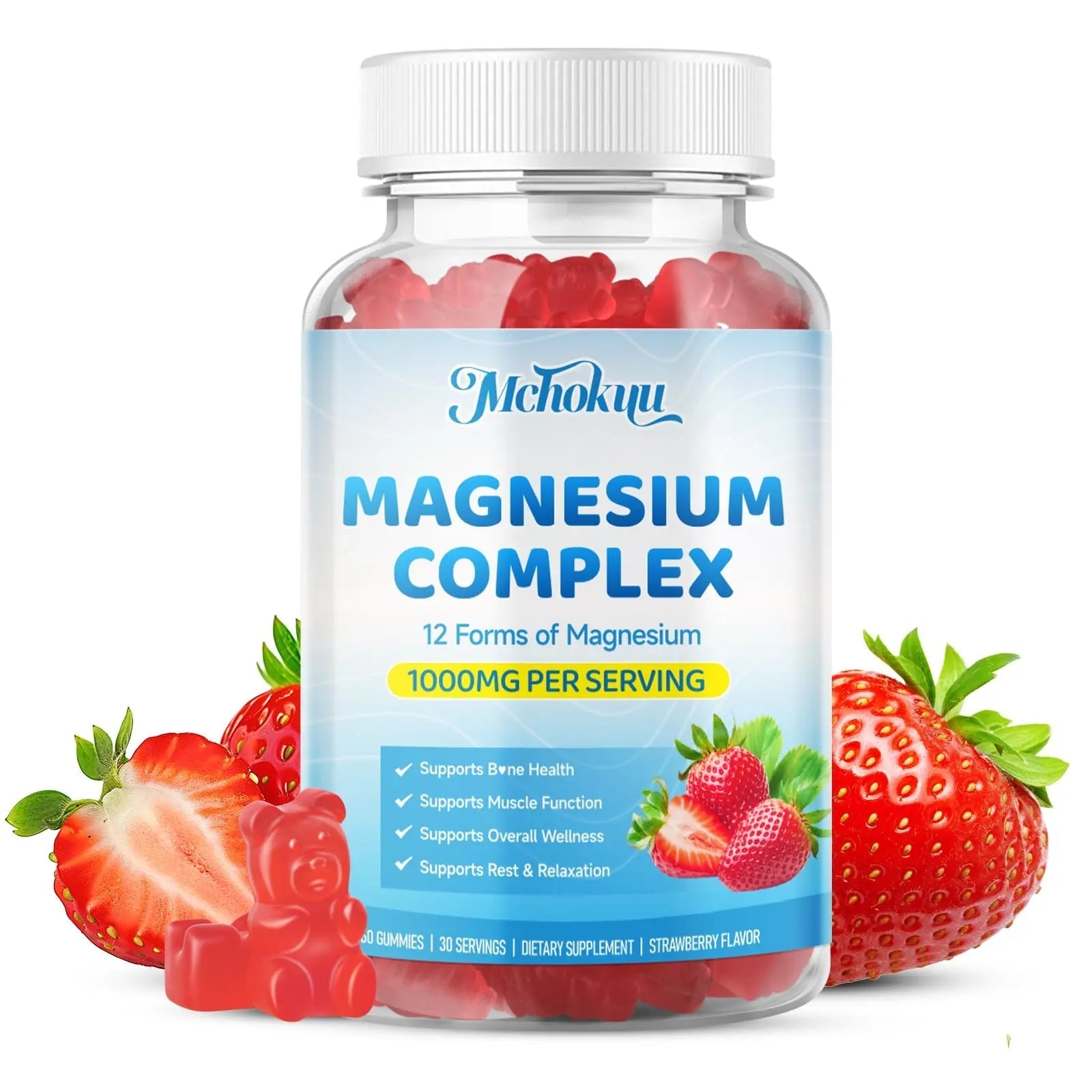 Magnesium Complex Gummies 1000mg | 12-in-1 Magnesium Complex Supplement with Glycinate, Citrate, Malate & Taurate Supports Muscle Function, Bone Health, Rest & Relaxation – Strawberry Flavor, 60 Count - TrustMedUSA