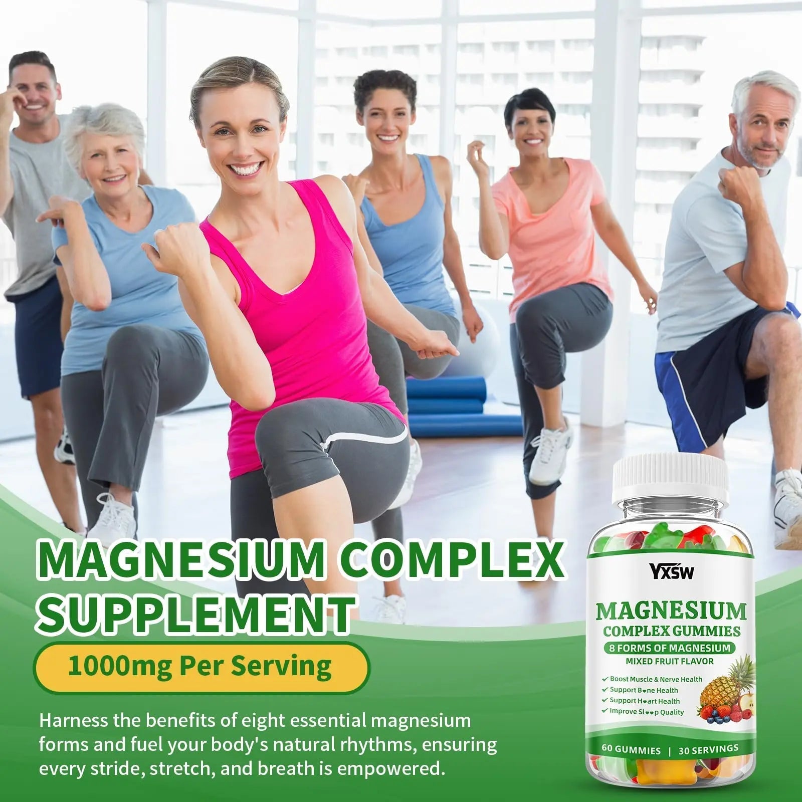 Magnesium Complex Gummies 8 Elemental 1000mg - Magnesium Glycinate, Citrate, Malate, Taurate, Supports Bones, Muscle, Nerve Health, for Women & Men, Vegan Non-GMO, Mixed Flavors, 60 Count - TrustMedUSA