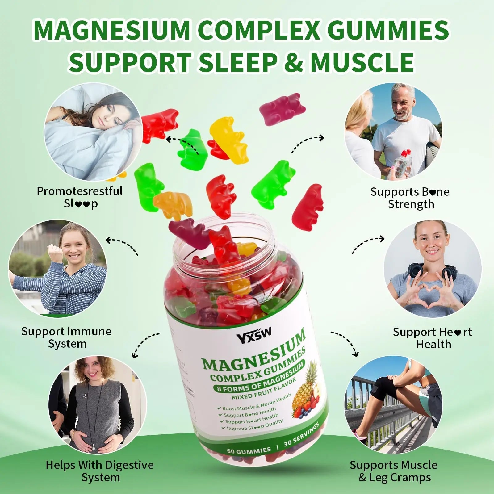 Magnesium Complex Gummies 8 Elemental 1000mg - Magnesium Glycinate, Citrate, Malate, Taurate, Supports Bones, Muscle, Nerve Health, for Women & Men, Vegan Non-GMO, Mixed Flavors, 60 Count - TrustMedUSA