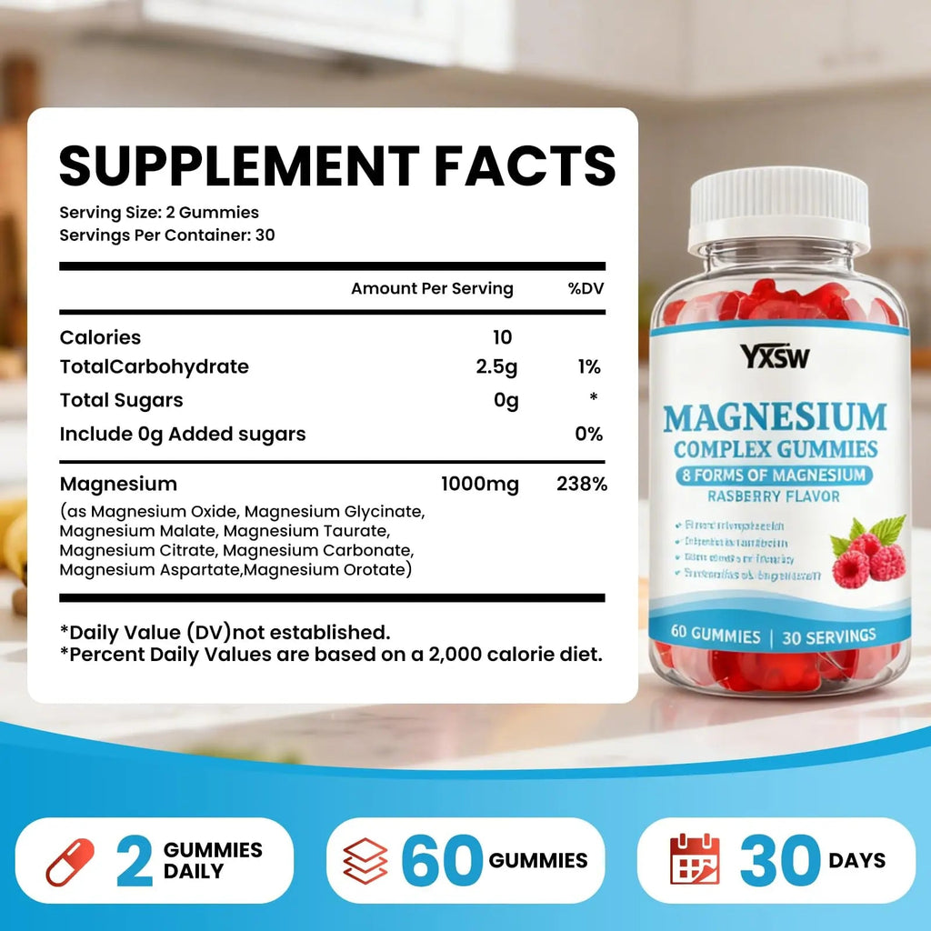 Magnesium Complex Gummies 8 Elemental 1000mg - Magnesium Glycinate, Citrate, Malate, Taurate, Supports Bones, Muscle, Nerve Health, for Women & Men, Vegan Non-GMO, Raspberry Flavor, 60 Count - TrustMedUSA