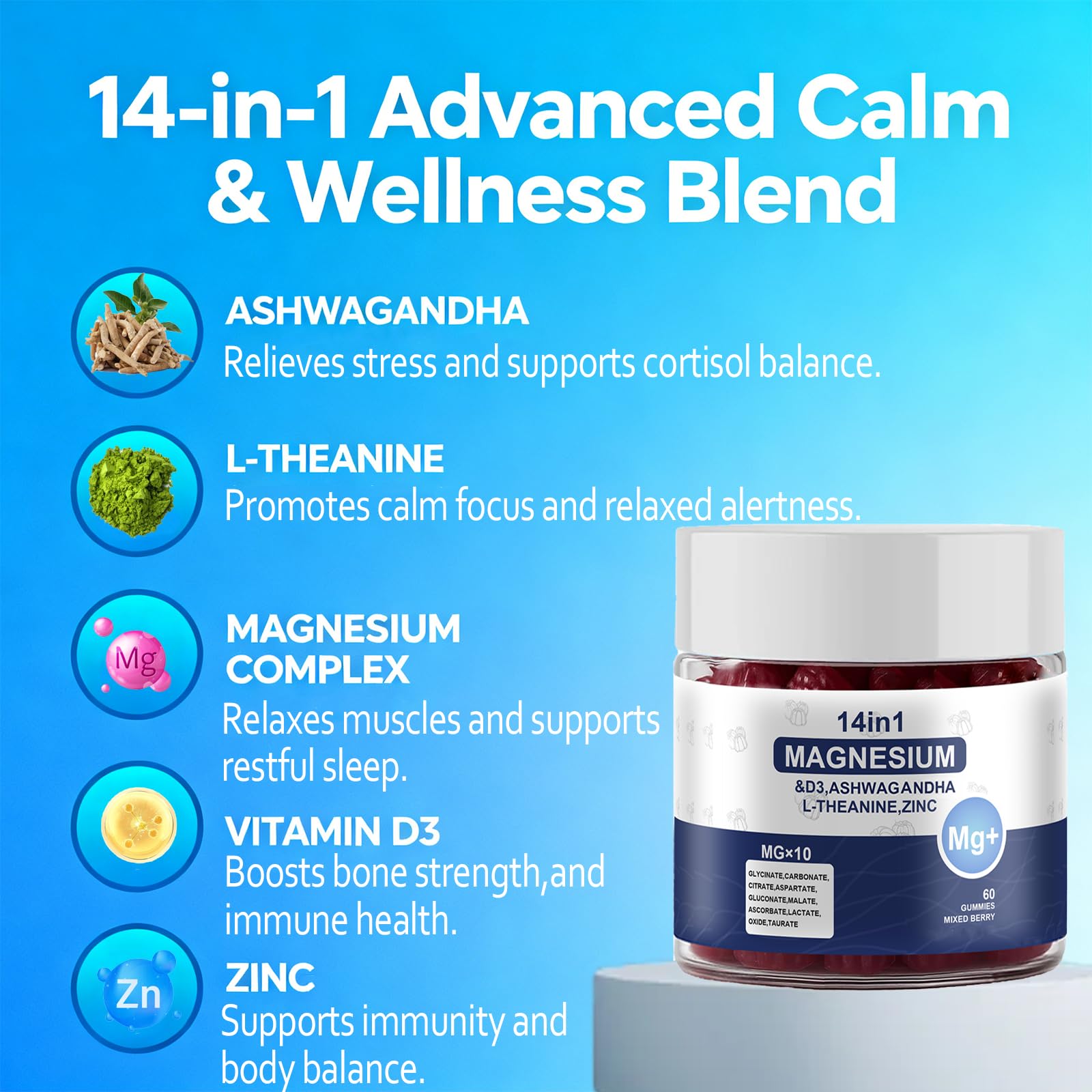 Magnesium Complex Gummies for Women & Men, Calm Magnesium Gummies for Women & Men, 14-in-1 with Ashwagandha, L-Theanine, Vitamin D3 & Zinc, 60 Count (1) - TrustMedUSA