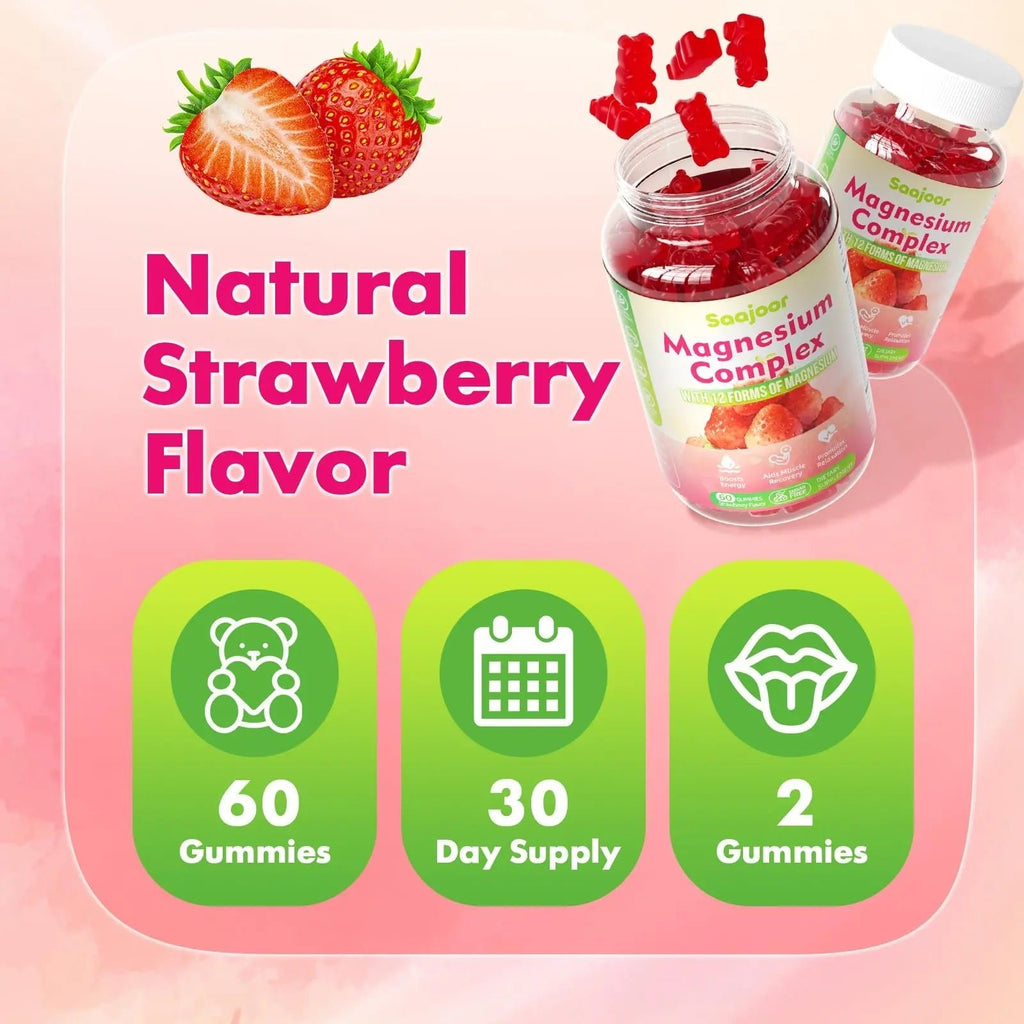 Magnesium Complex Gummies – with 12 Forms of Magnesium (Citrate, Glycinate, Malate, Oxide, and More) Plus Vitamins B6, B12, and C. for Women and Men – Strawberry Flavor, 60 Count - TrustMedUSA