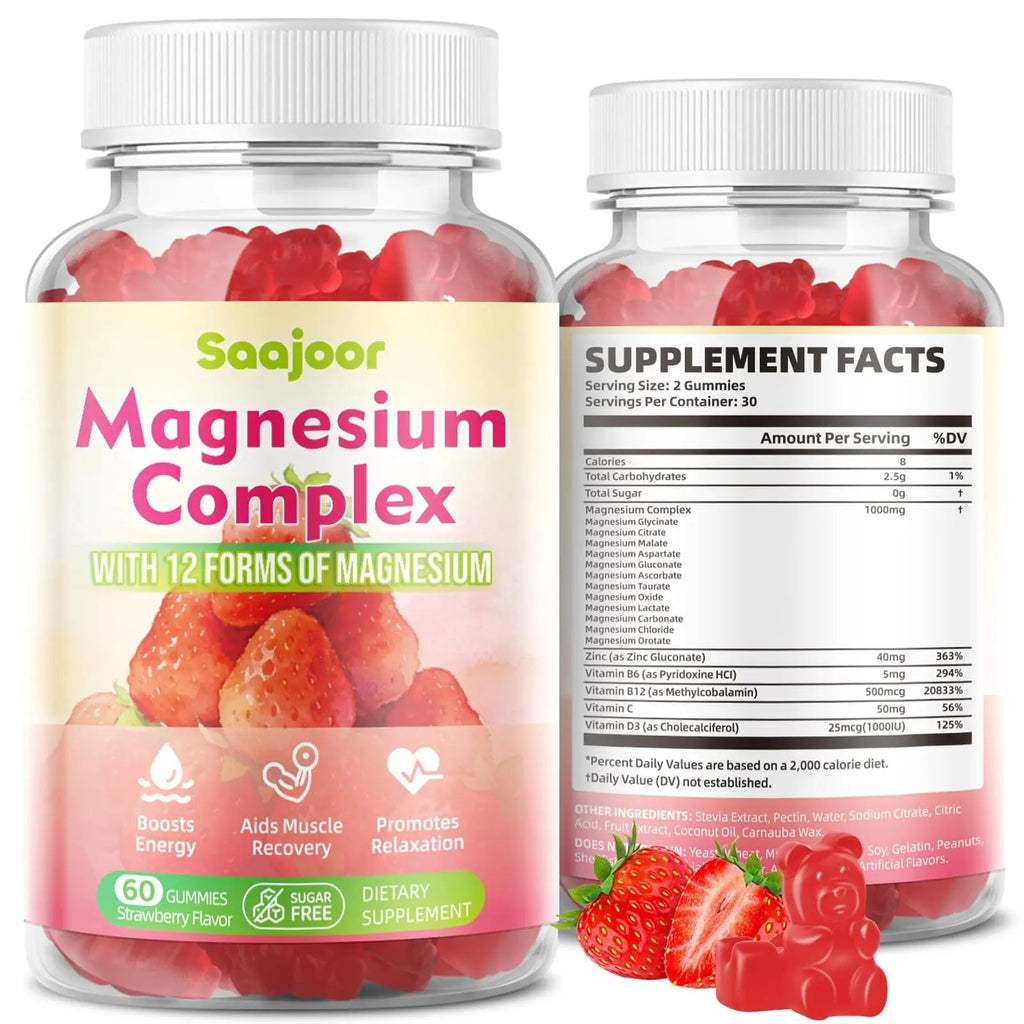 Magnesium Complex Gummies – with 12 Forms of Magnesium (Citrate, Glycinate, Malate, Oxide, and More) Plus Vitamins B6, B12, and C. for Women and Men – Strawberry Flavor, 60 Count - TrustMedUSA
