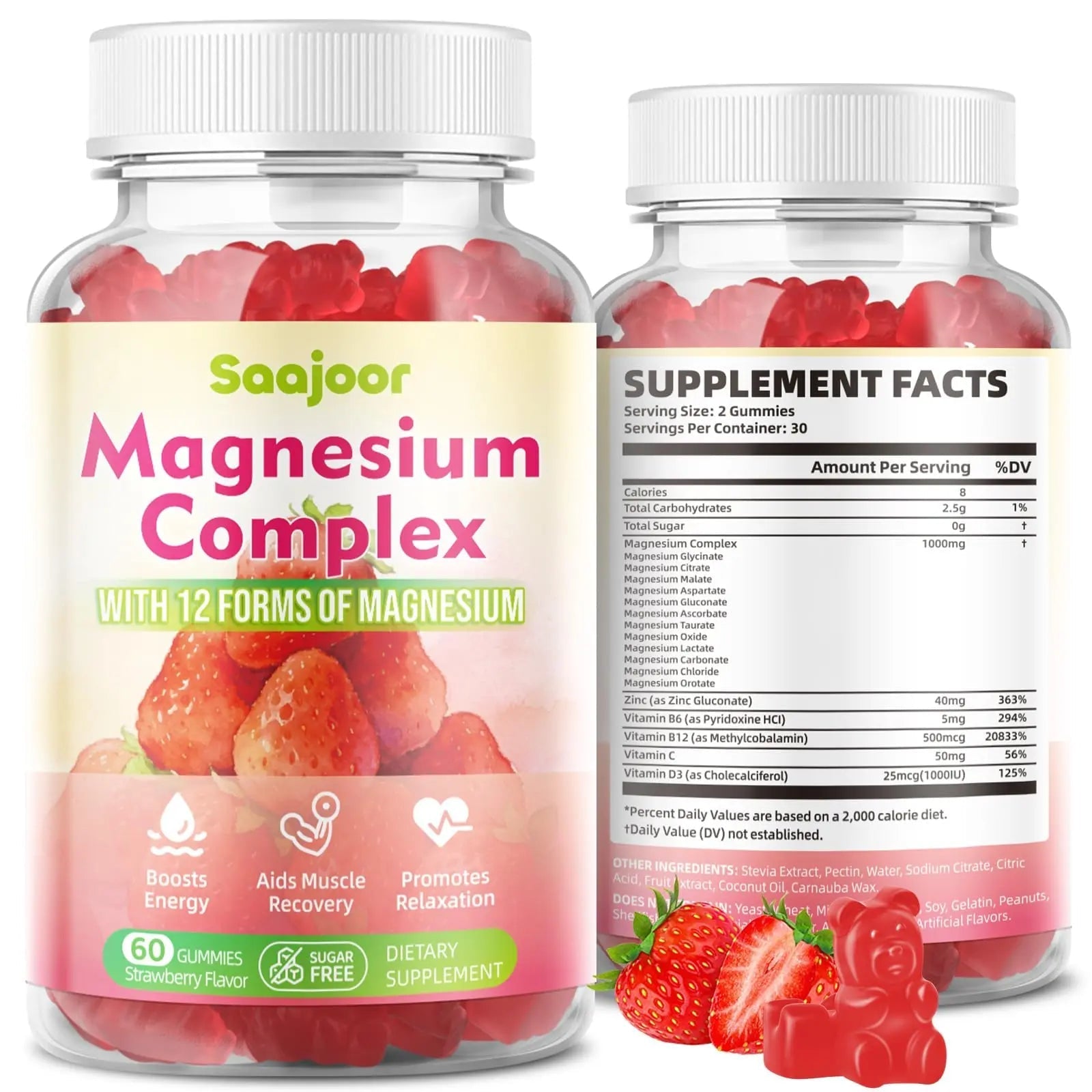 Magnesium Complex Gummies – with 12 Forms of Magnesium (Citrate, Glycinate, Malate, Oxide, and More) Plus Vitamins B6, B12, and C. for Women and Men – Strawberry Flavor, 60 Count - TrustMedUSA