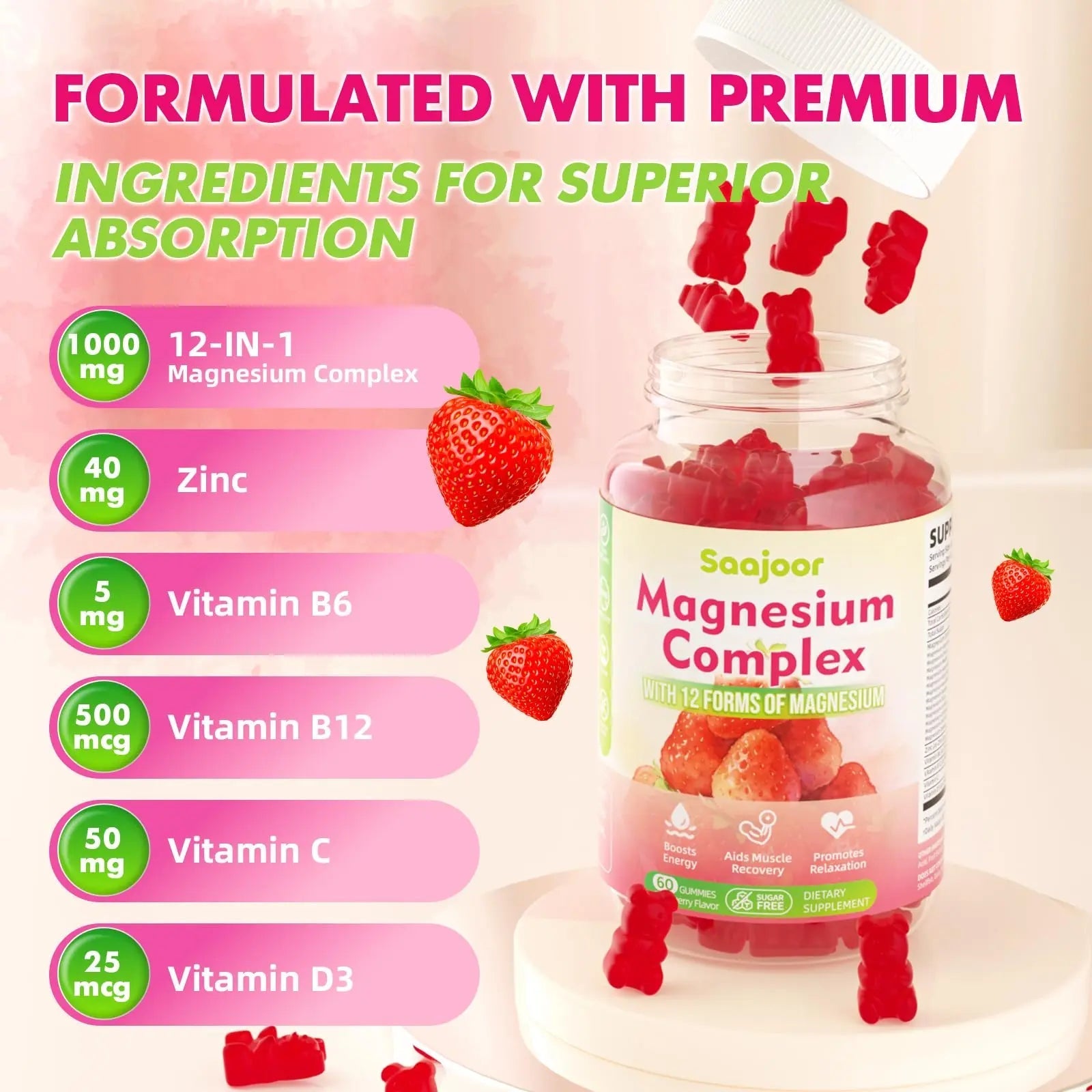 Magnesium Complex Gummies – with 12 Forms of Magnesium (Citrate, Glycinate, Malate, Oxide, and More) Plus Vitamins B6, B12, and C. for Women and Men – Strawberry Flavor, 60 Count - TrustMedUSA