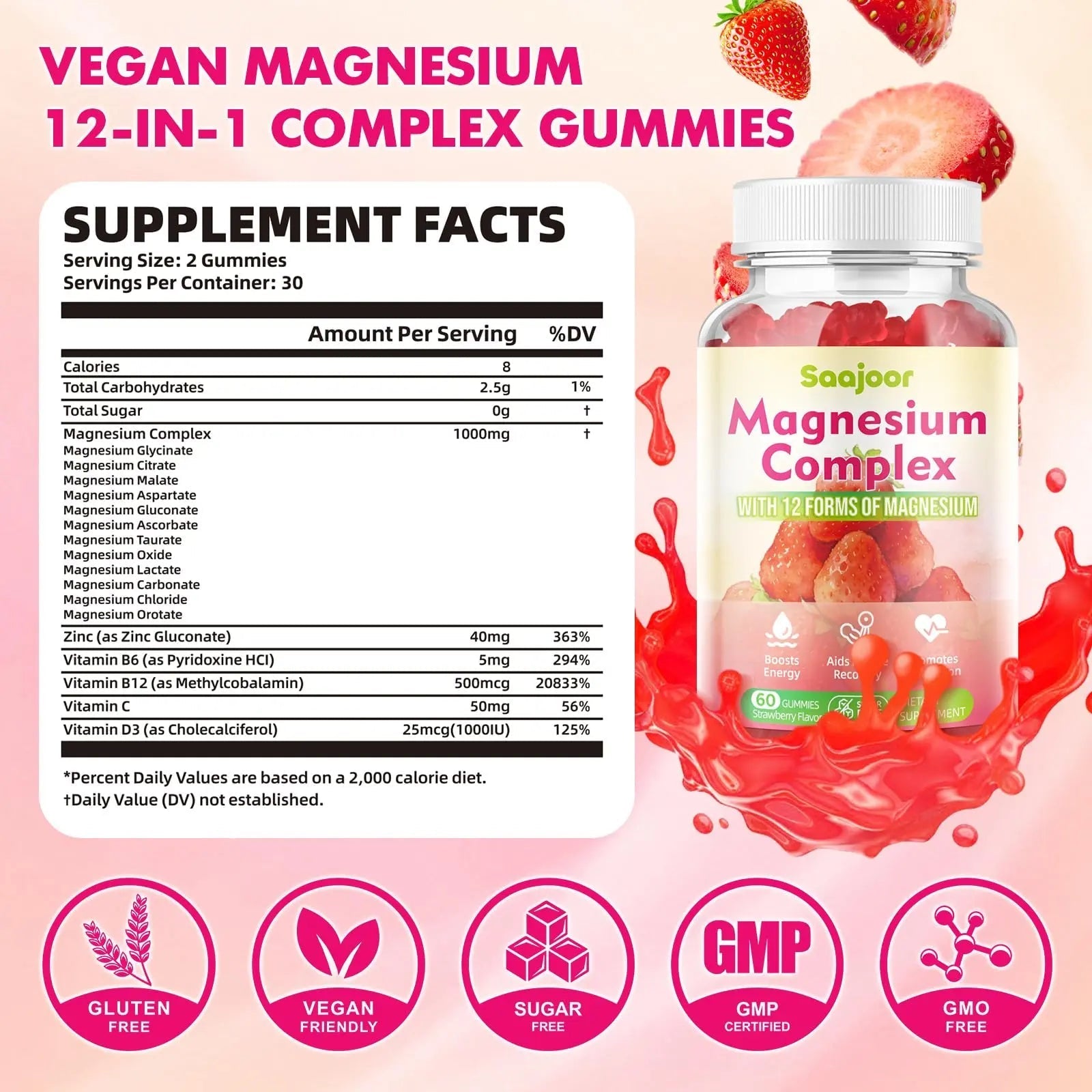 Magnesium Complex Gummies – with 12 Forms of Magnesium (Citrate, Glycinate, Malate, Oxide, and More) Plus Vitamins B6, B12, and C. for Women and Men – Strawberry Flavor, 60 Count - TrustMedUSA