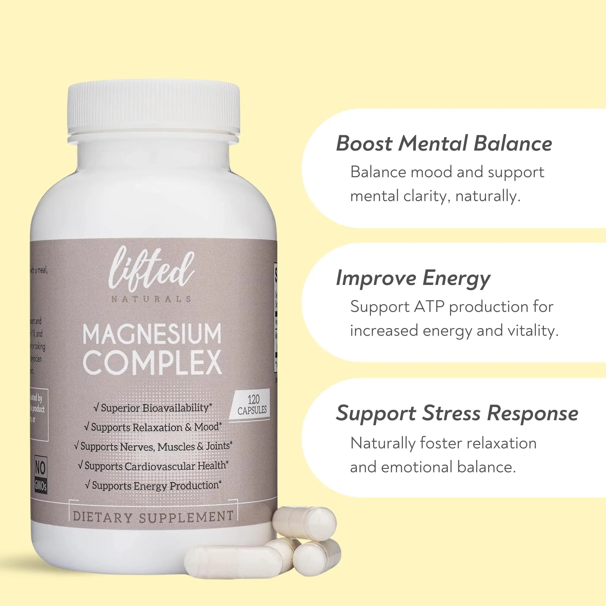 Magnesium Complex - Lifted Naturals Magnesium Supplement w/Bisglycinate, Malate, Taurate - 120 Capsules - Bioavailable Magnesium Formula for Mood, Sleep, Energy Support* - TrustMedUSA