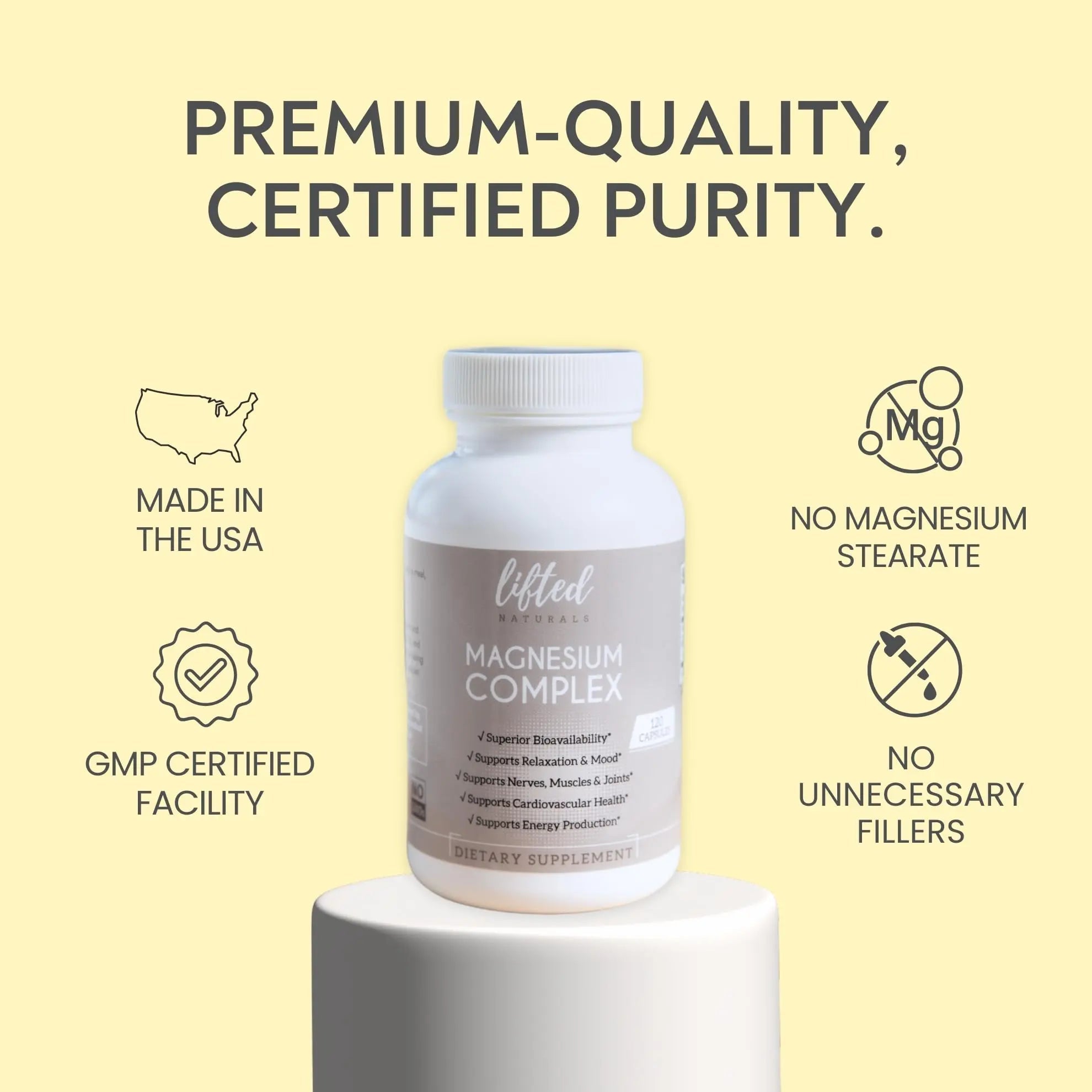 Magnesium Complex - Lifted Naturals Magnesium Supplement w/Bisglycinate, Malate, Taurate - 120 Capsules - Bioavailable Magnesium Formula for Mood, Sleep, Energy Support* - TrustMedUSA