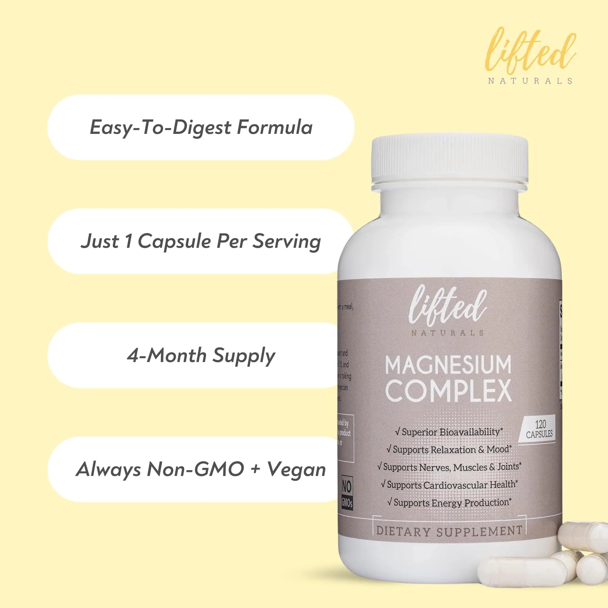 Magnesium Complex - Lifted Naturals Magnesium Supplement w/Bisglycinate, Malate, Taurate - 120 Capsules - Bioavailable Magnesium Formula for Mood, Sleep, Energy Support* - TrustMedUSA