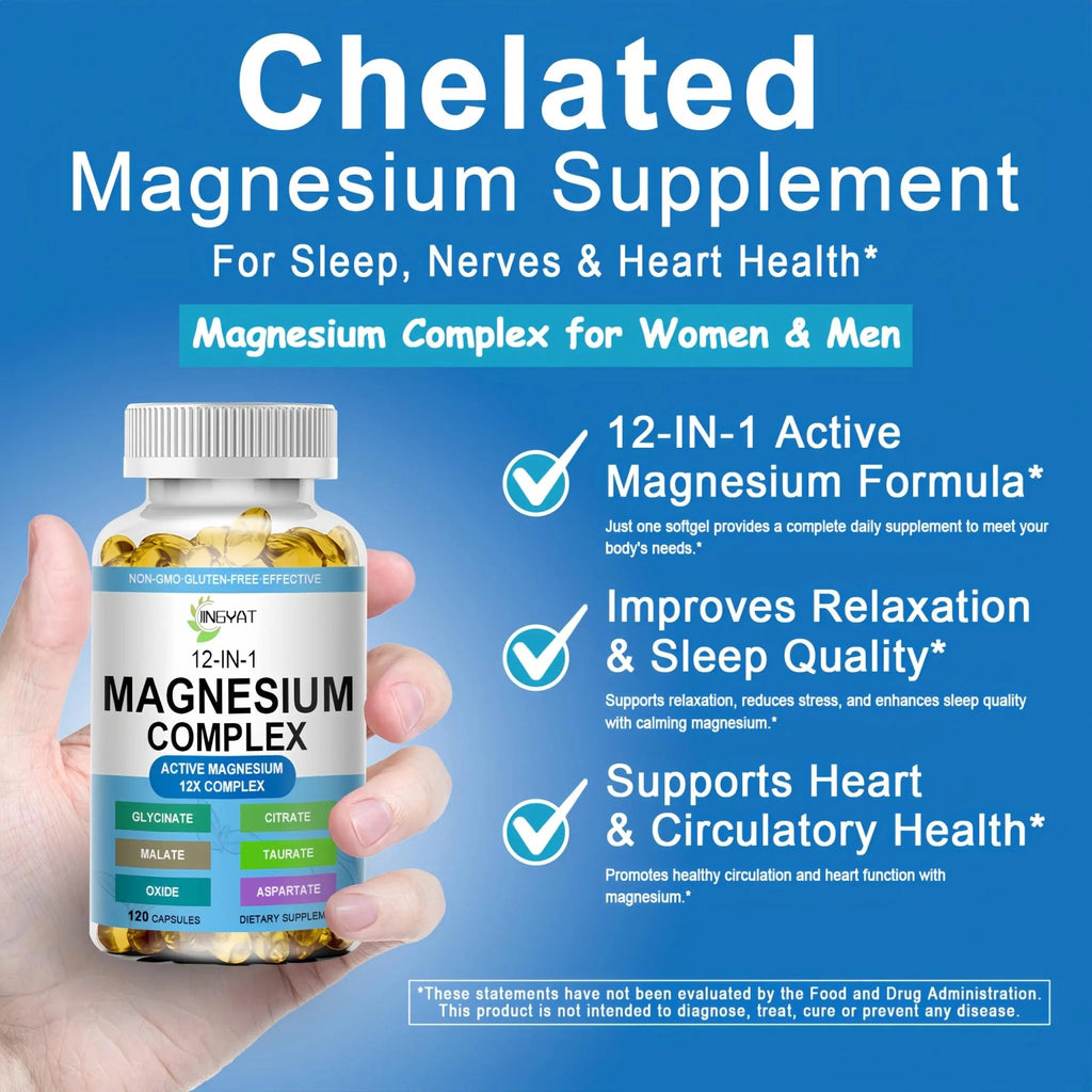 Magnesium Complex Softgels - 12-in-1 Magnesium Supplement with Glycinate,Citrate,Malate,Oxide,Taurate - High Absorption Magnesium Complex for Women & Men for Muscle, Heart, Sleep, Bone, Nerve Support - TrustMedUSA