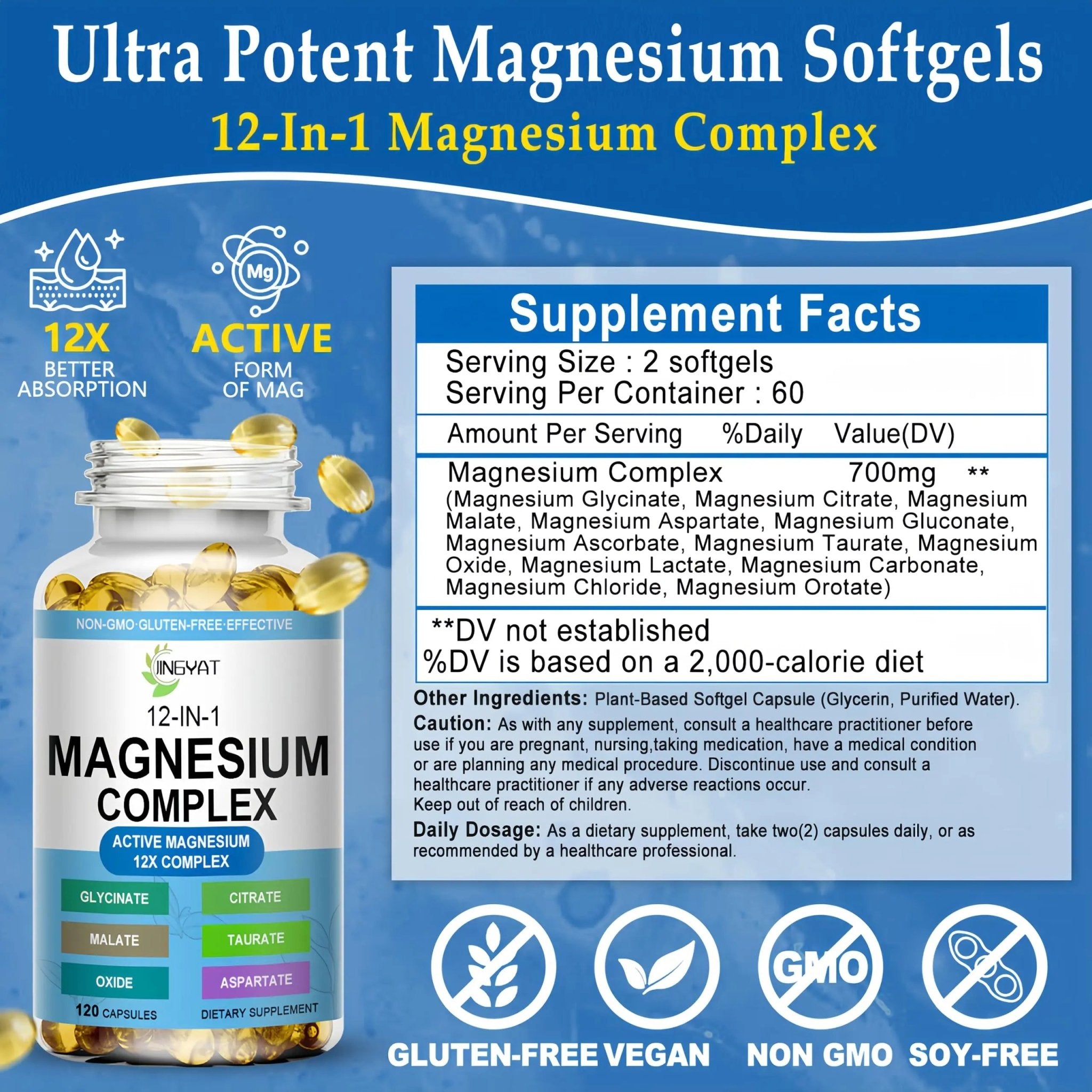 Magnesium Complex Softgels - 12-in-1 Magnesium Supplement with Glycinate,Citrate,Malate,Oxide,Taurate - High Absorption Magnesium Complex for Women & Men for Muscle, Heart, Sleep, Bone, Nerve Support - TrustMedUSA