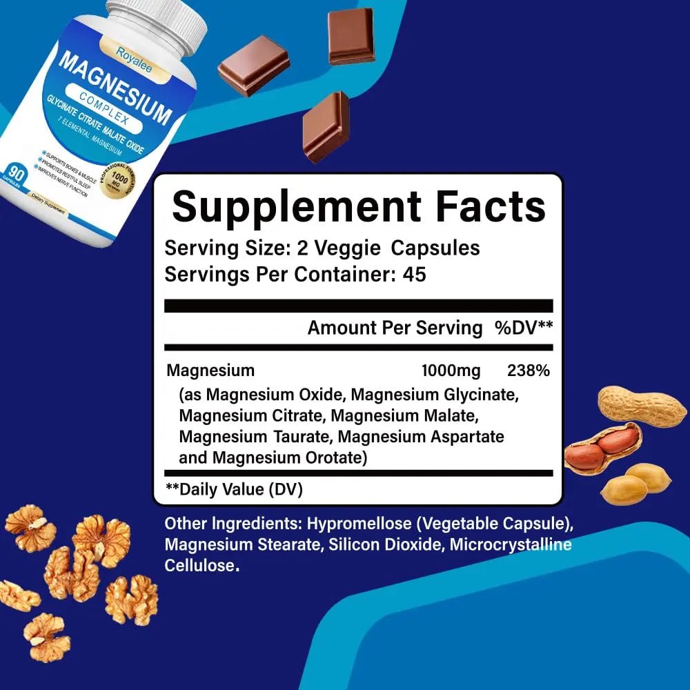 Magnesium Complex Supplement - 1000mg with 7 Magnesium Forms Including Glycinate, Citrate, Malate, Taurate & Orotate - Supports Relaxation, Muscle Function & Bone Strength - 90 Capsules - TrustMedUSA