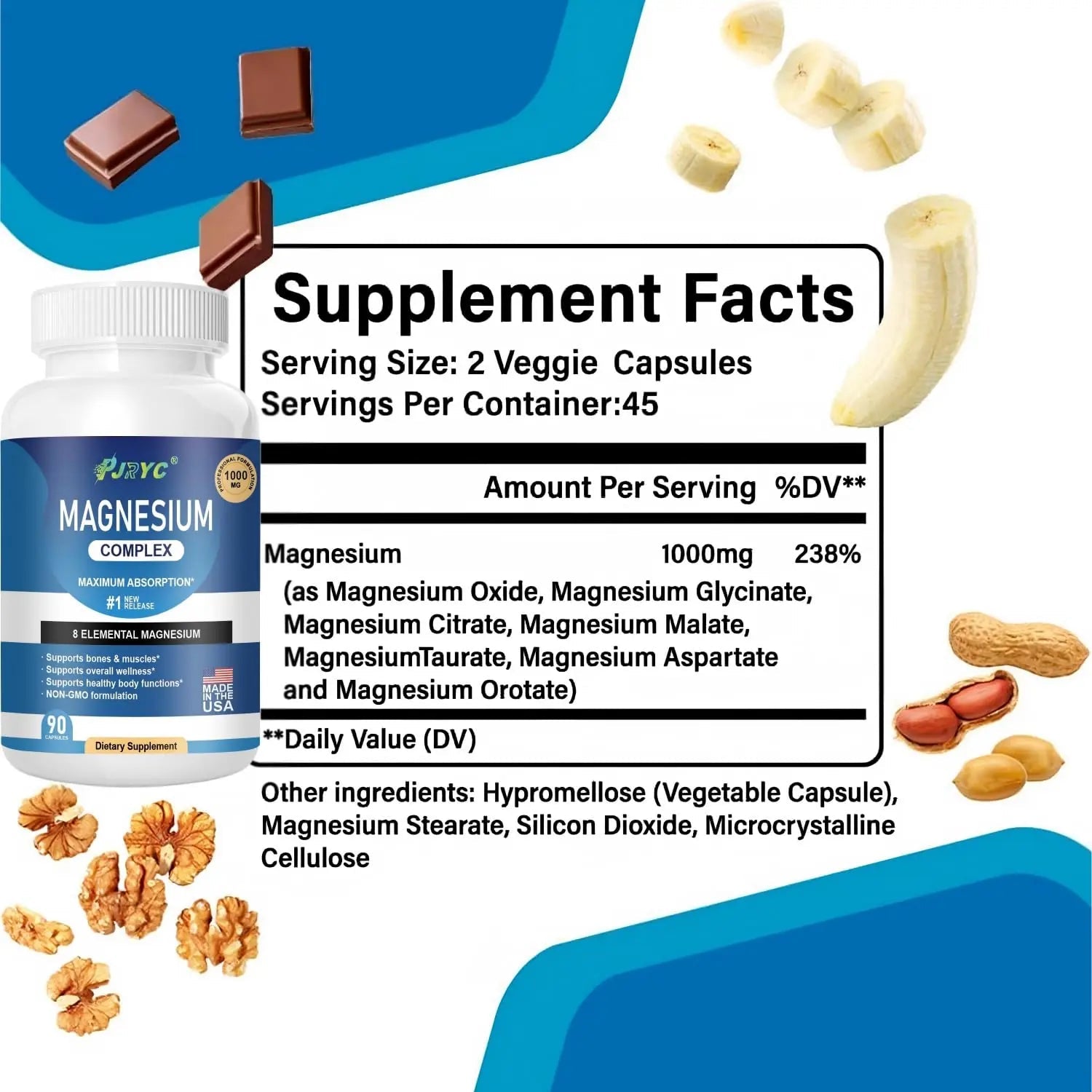 Magnesium Complex Supplement - 1000mg with 8 Magnesium Forms: Glycinate, Citrate, Malate, Taurate & Orotate - Supports Muscle Function, Bone Strength & Relaxation - Vegan, Non-GMO - 180 Capsules - TrustMedUSA