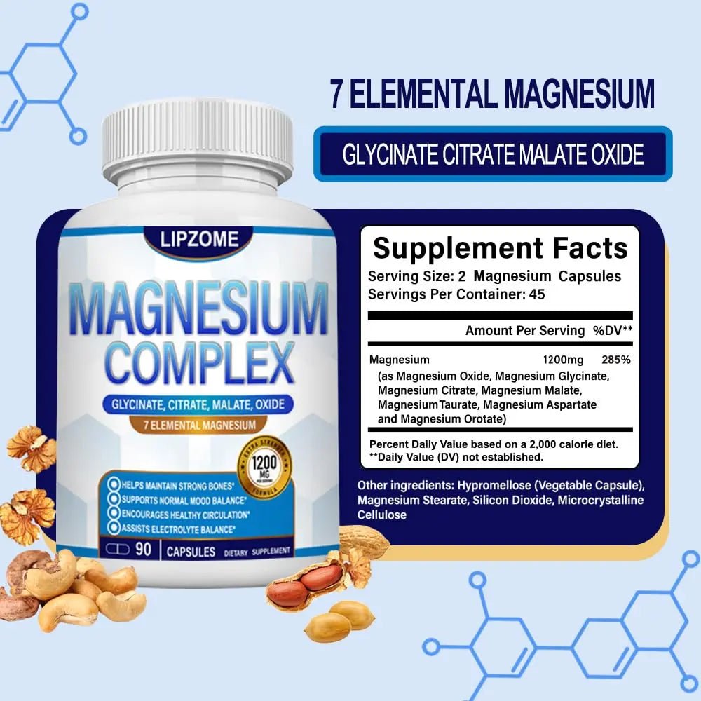 Magnesium Complex Supplement 1200mg - Advanced 7-in-1 Magnesium Blend - Glycinate, Citrate, Malate, Taurate, Oxide, Aspartate, Orotate – High Absorption Formula – Non-GMO, 90 Capsules - TrustMedUSA