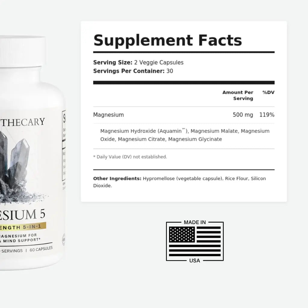 Magnesium Complex Supplement - 5 Forms Citrate Glycinate Malate Oxide Aquamin - Multi Magnesium Blend - High Absorption Chelated - Essential Mineral - Non-GMO Gluten-Free - 60 Capsules - TrustMedUSA