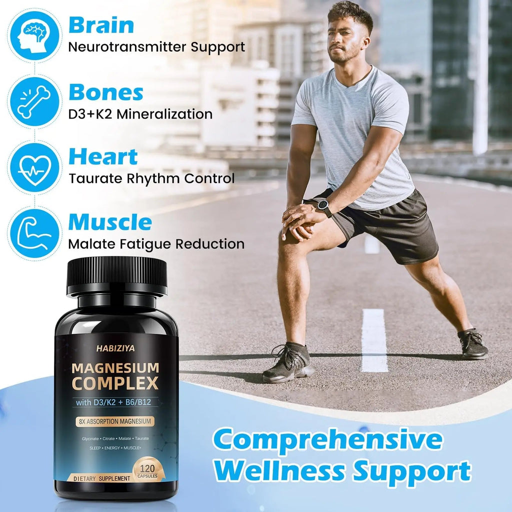 Magnesium Complex Supplement 600mg with with D3 K2 MK7 & B Vitamins High Absorption Capsules with Glycinate, Citrate & Malate,Taurate Relaxation,Muscle,Heart Support, Vegan 120 Capsules - TrustMedUSA