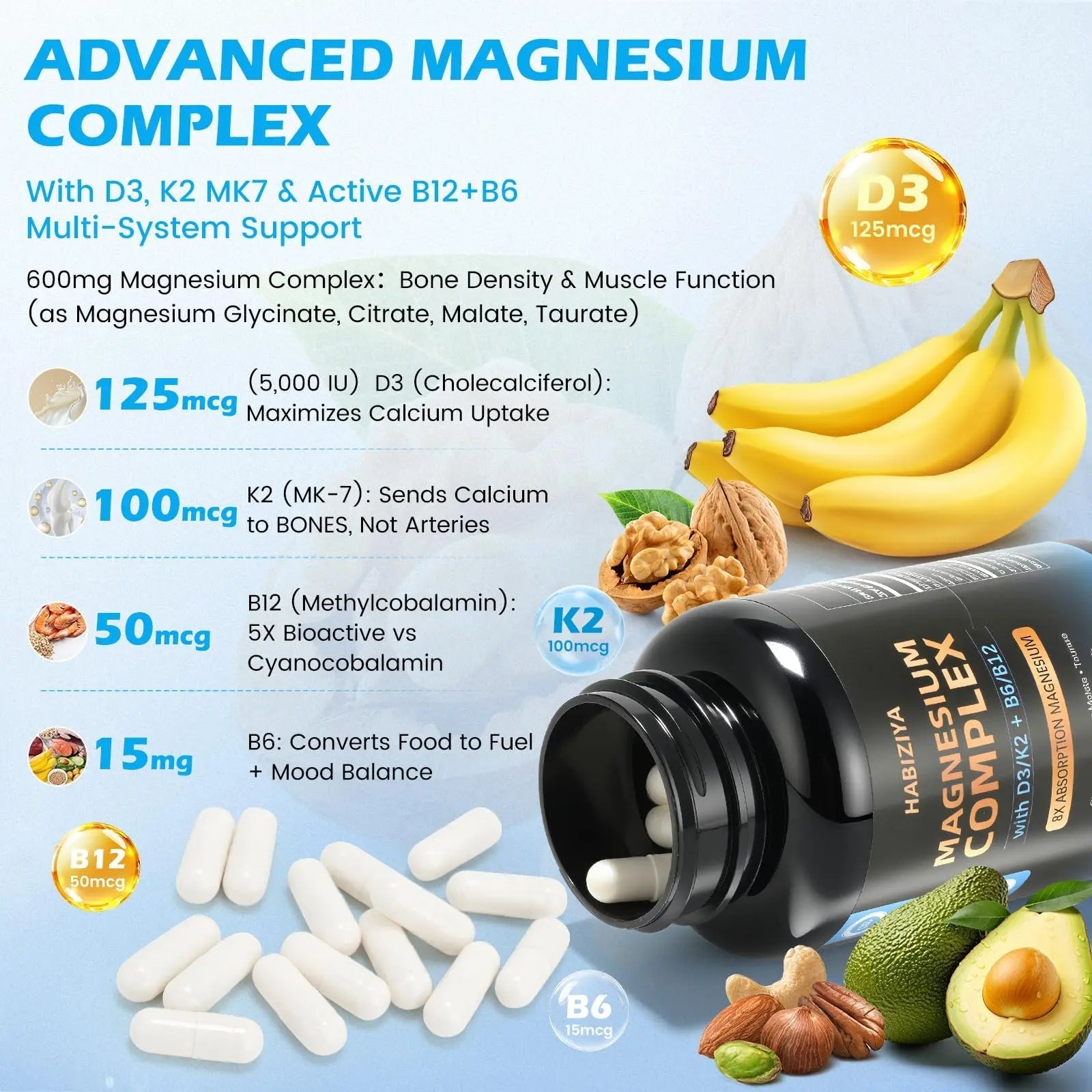 Magnesium Complex Supplement 600mg with with D3 K2 MK7 & B Vitamins High Absorption Capsules with Glycinate, Citrate & Malate,Taurate Relaxation,Muscle,Heart Support, Vegan 120 Capsules - TrustMedUSA