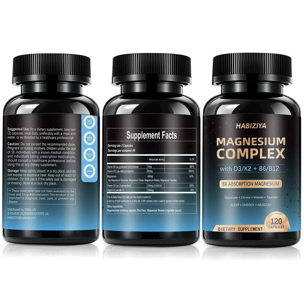 Magnesium Complex Supplement 600mg with with D3 K2 MK7 & B Vitamins High Absorption Capsules with Glycinate, Citrate & Malate,Taurate Relaxation,Muscle,Heart Support, Vegan 120 Capsules - TrustMedUSA