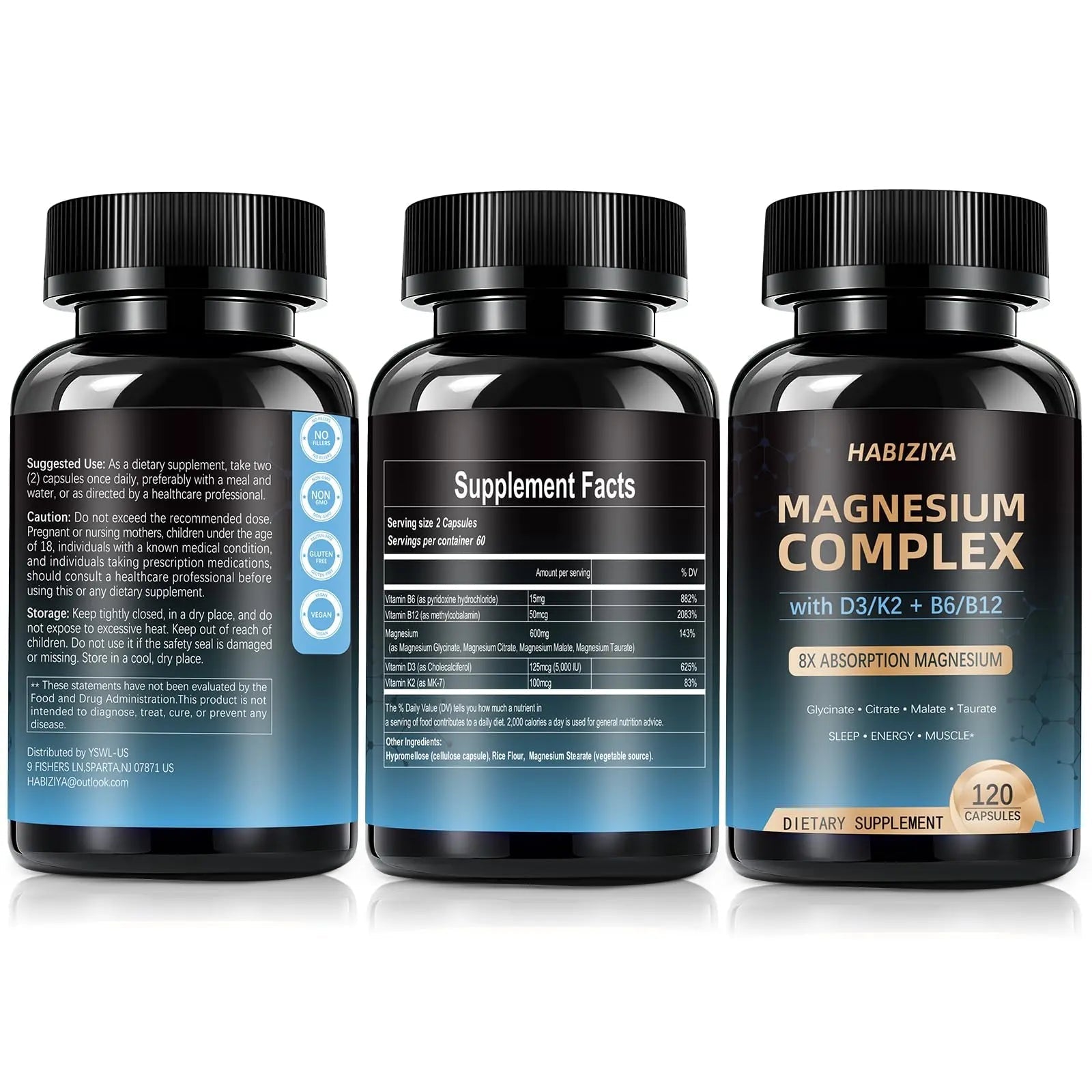 Magnesium Complex Supplement 600mg with with D3 K2 MK7 & B Vitamins High Absorption Capsules with Glycinate, Citrate & Malate,Taurate Relaxation,Muscle,Heart Support, Vegan 120 Capsules - TrustMedUSA
