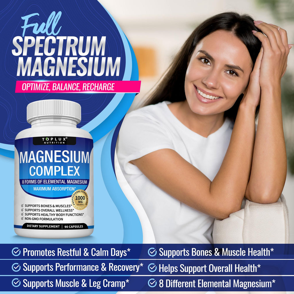 Magnesium Complex Supplement 8 Elemental 1000mg - Magnesium Glycinate, Citrate, Malate, Taurate, Chelated for Easy Absorption for Bones - TrustMedUSA