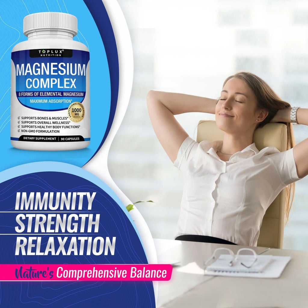Magnesium Complex Supplement 8 Elemental 1000mg - Magnesium Glycinate, Citrate, Malate, Taurate, Chelated for Easy Absorption for Bones, Muscle, Recovery, Energy, Vegan Non-GMO 90 Capsules - TrustMedUSA