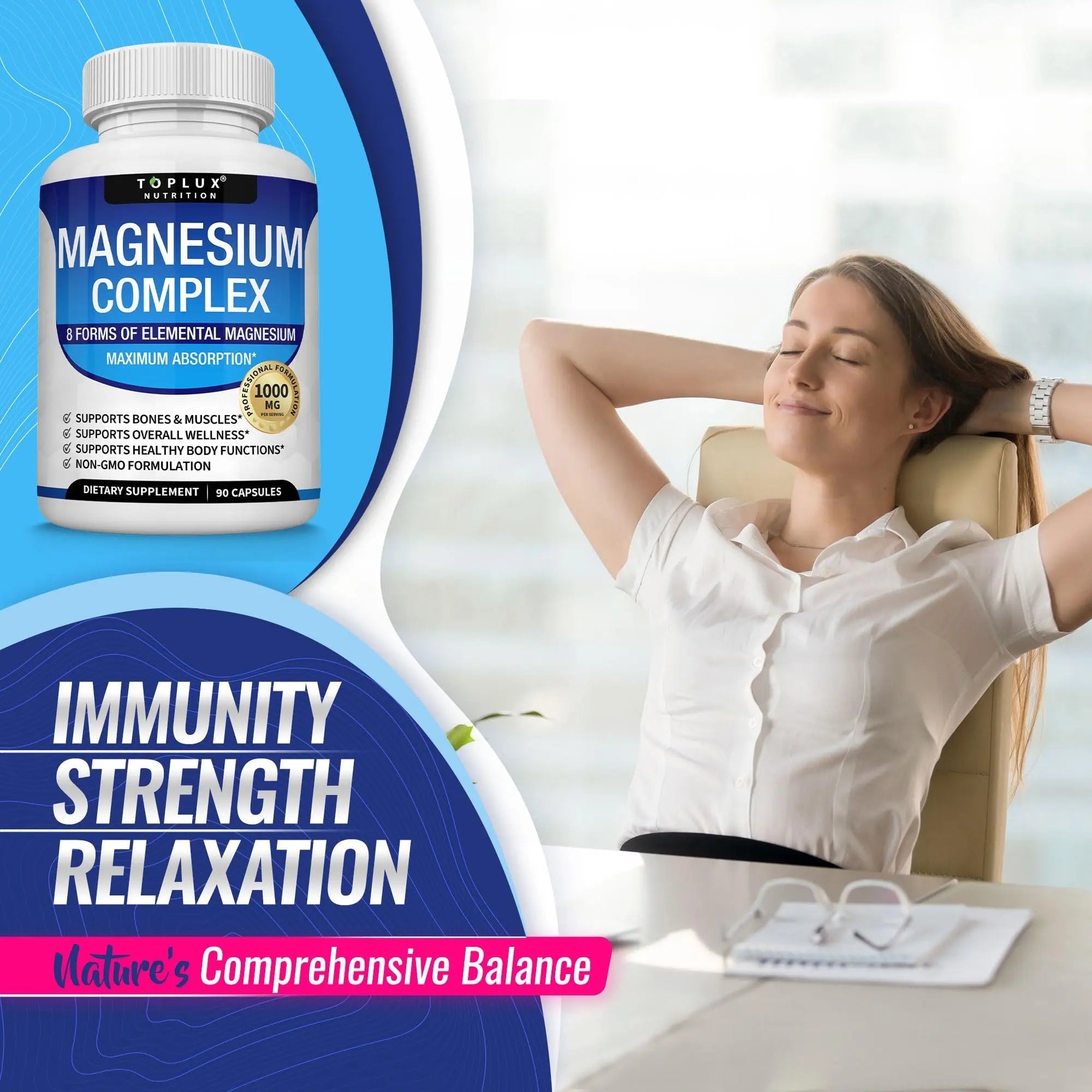 Magnesium Complex Supplement 8 Elemental 1000mg - Magnesium Glycinate, Citrate, Malate, Taurate, Chelated for Easy Absorption for Bones, Muscle, Recovery, Energy, Vegan Non-GMO 90 Capsules - TrustMedUSA
